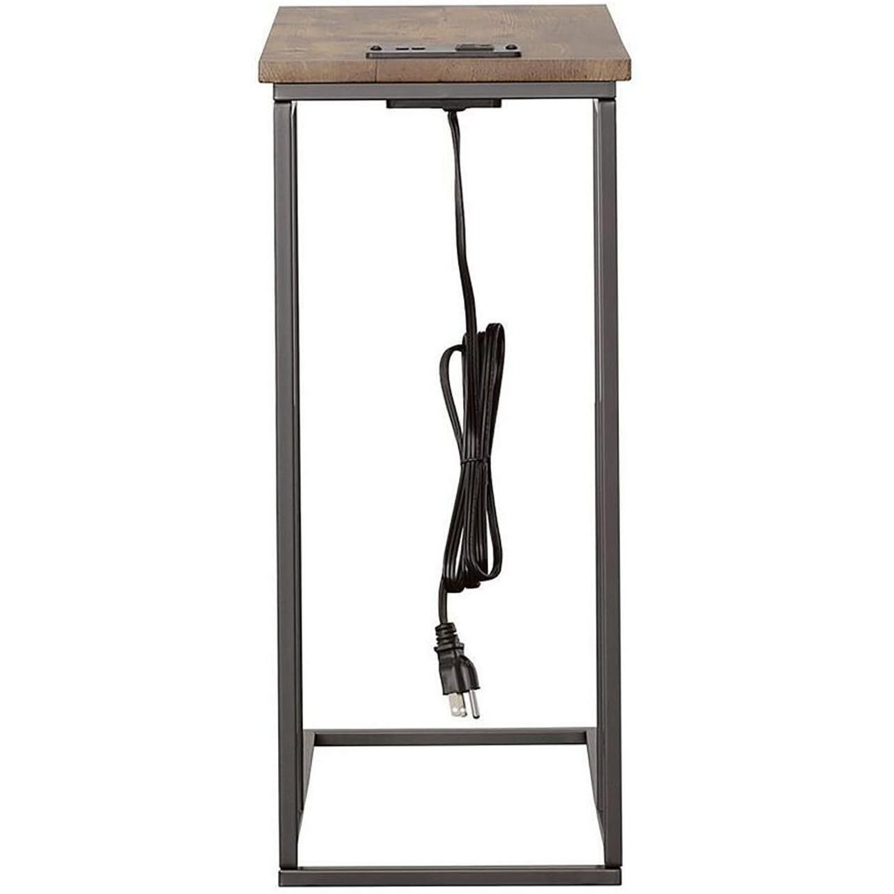 24 Inch Modern C Shape Side End Table, 2 USB, 1 Charging Port, Brown, Black