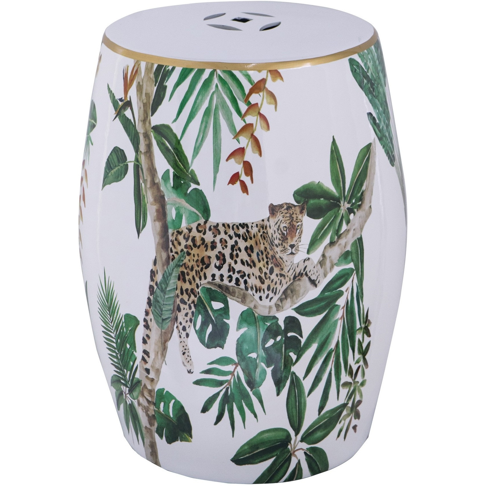 18 Inch Ceramic Accent Table, Drum Shape, Tropical Print, White, Green