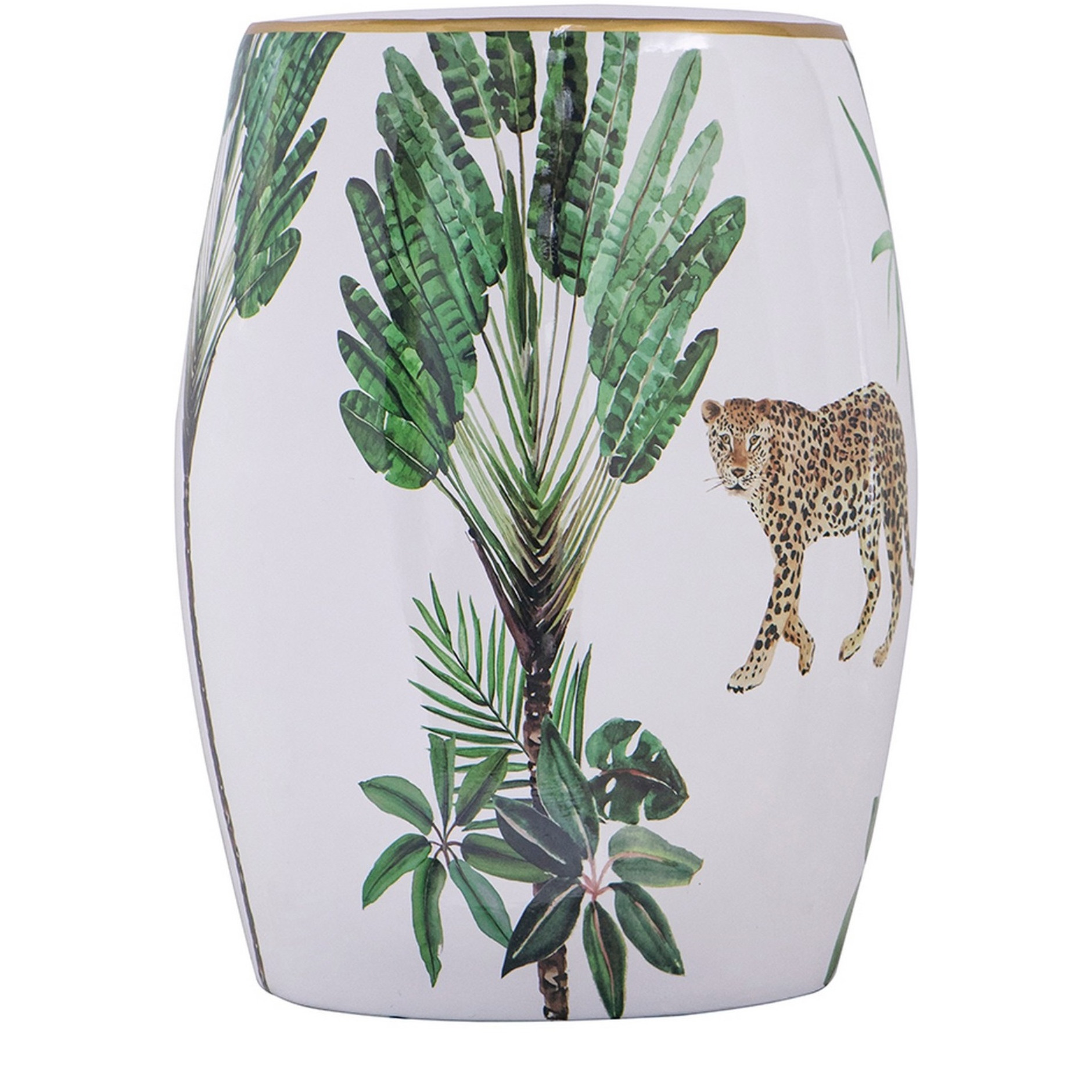 18 Inch Ceramic Accent Table, Drum Shape, Tropical Print, White, Green
