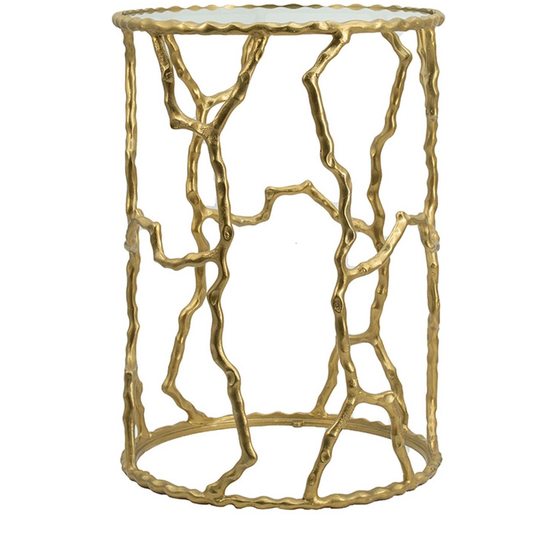 24 Inch Round Accent Table, Intricate Metal Twig Inspired Open Frame, Gold
