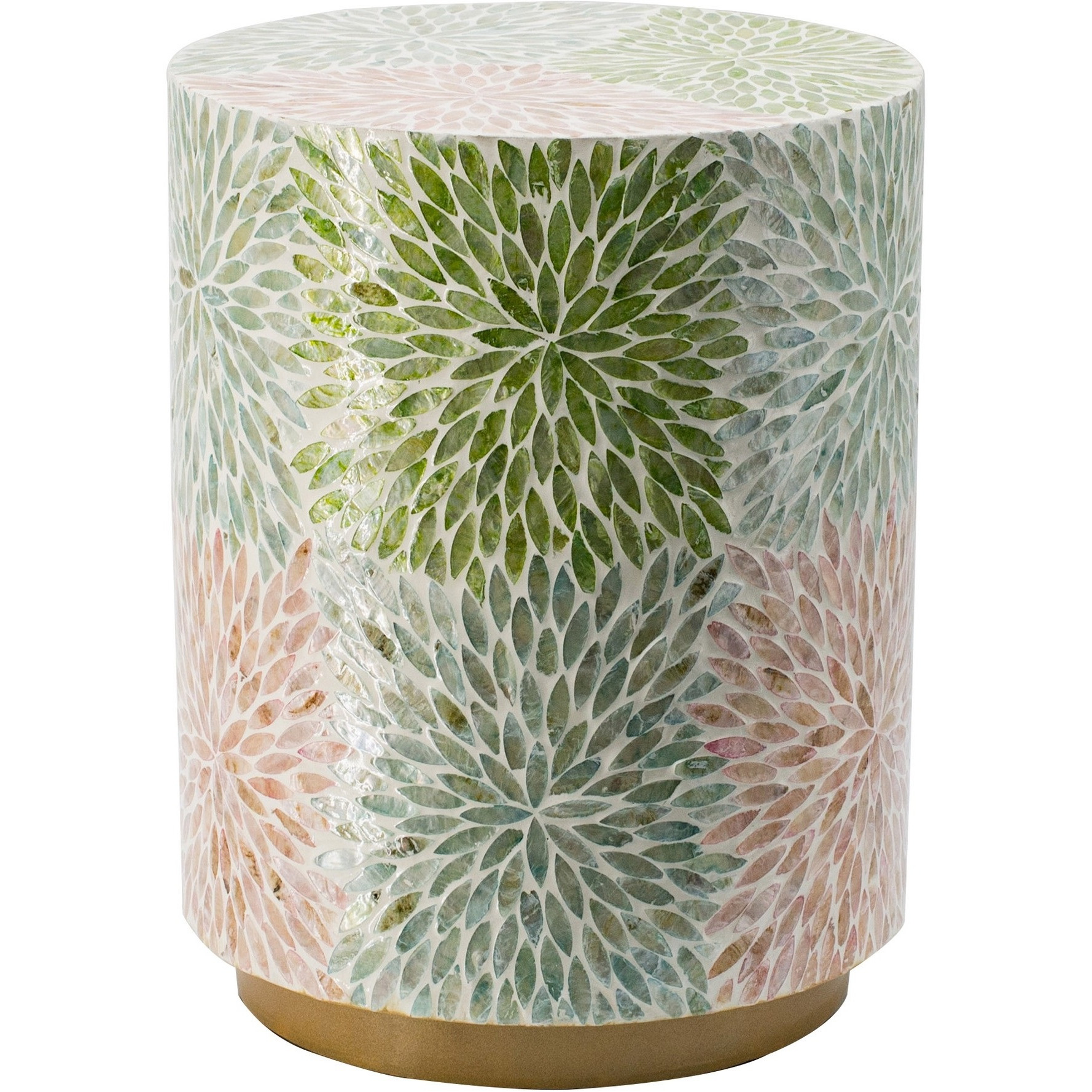 14 Inch Cylindrical Capiz Shell Accent Table Stool, Elegant Leaves Pattern
