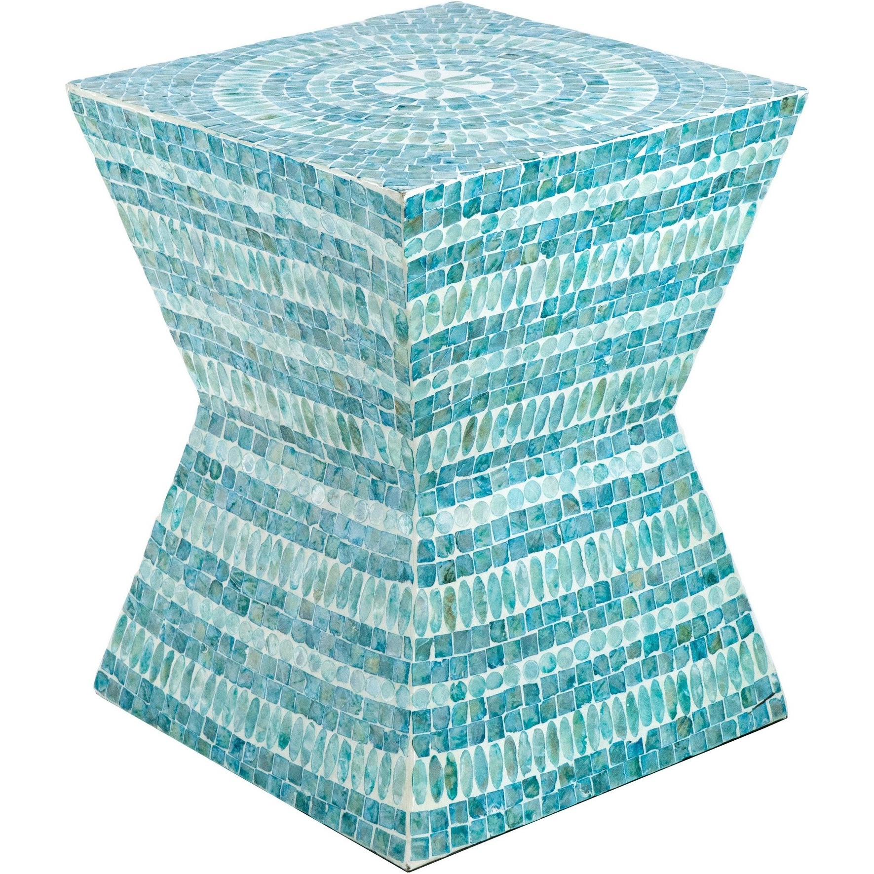 14 Inch Capiz Accent Table Stool, Blue Mosaic Geometric Hourglass Shape