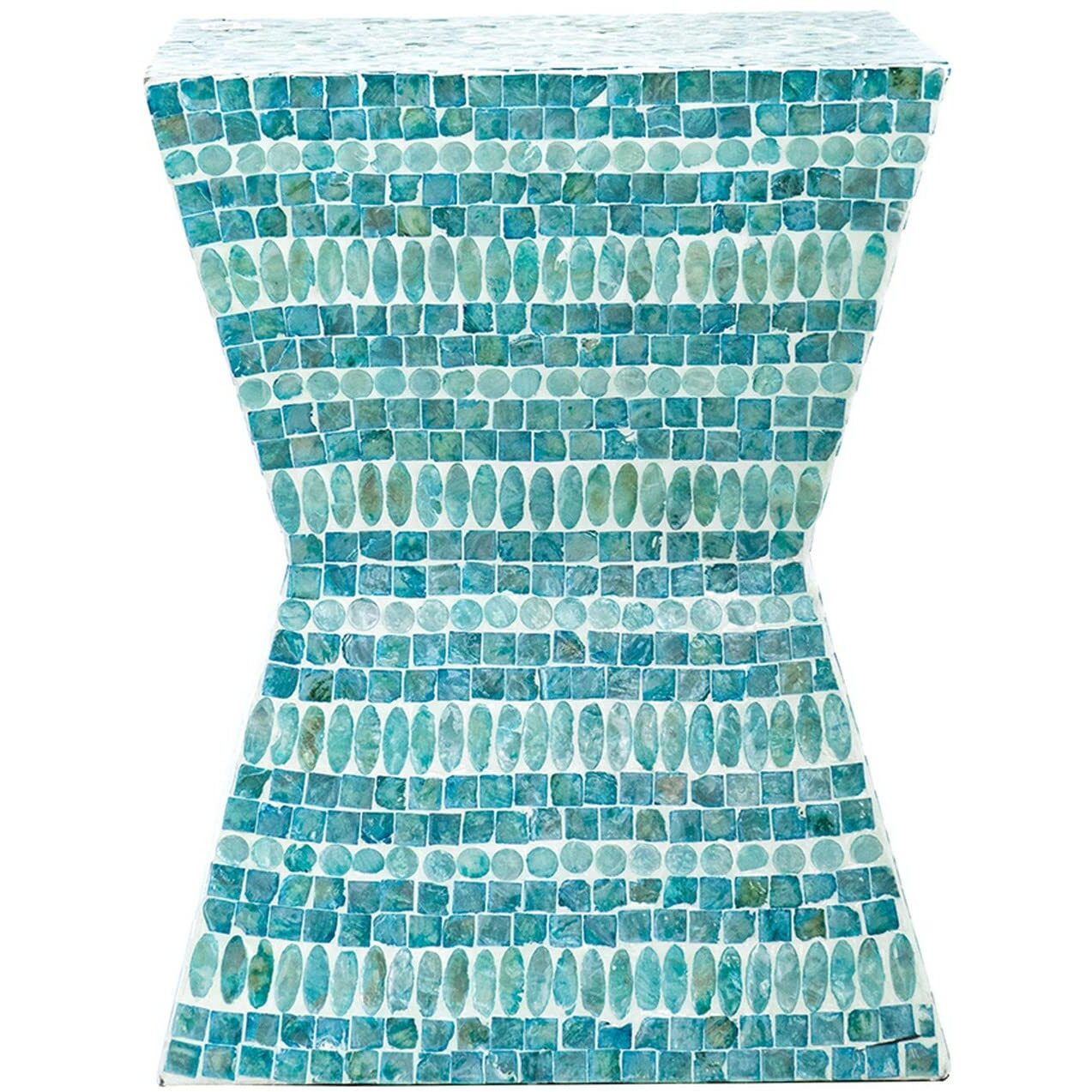 14 Inch Capiz Accent Table Stool, Blue Mosaic Geometric Hourglass Shape