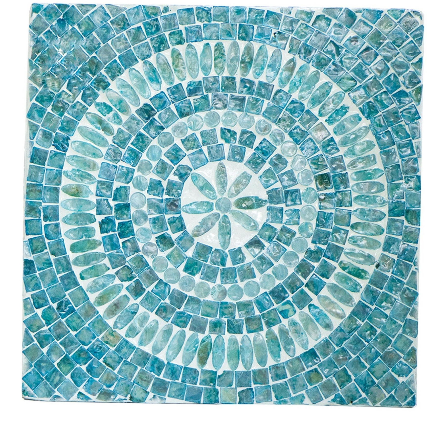 14 Inch Capiz Accent Table Stool, Blue Mosaic Geometric Hourglass Shape