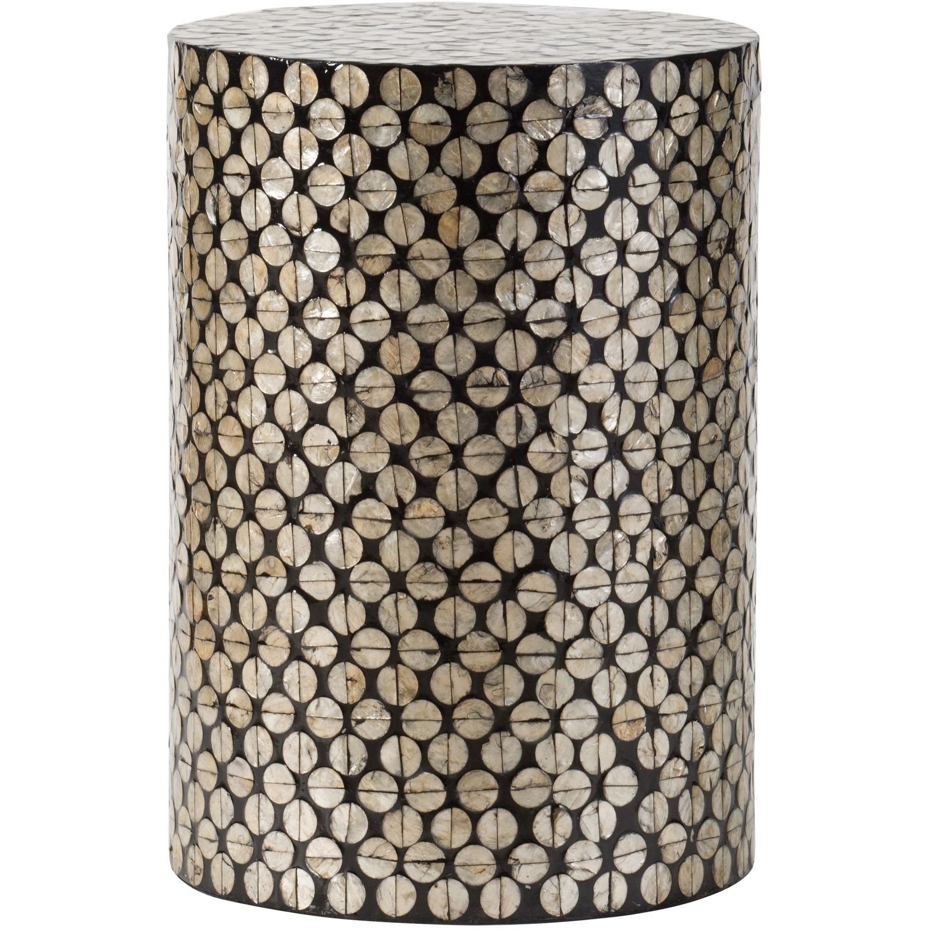 20 Inch Stool Table, Round Wood Design, Modern, Capiz Inlay, Black, White