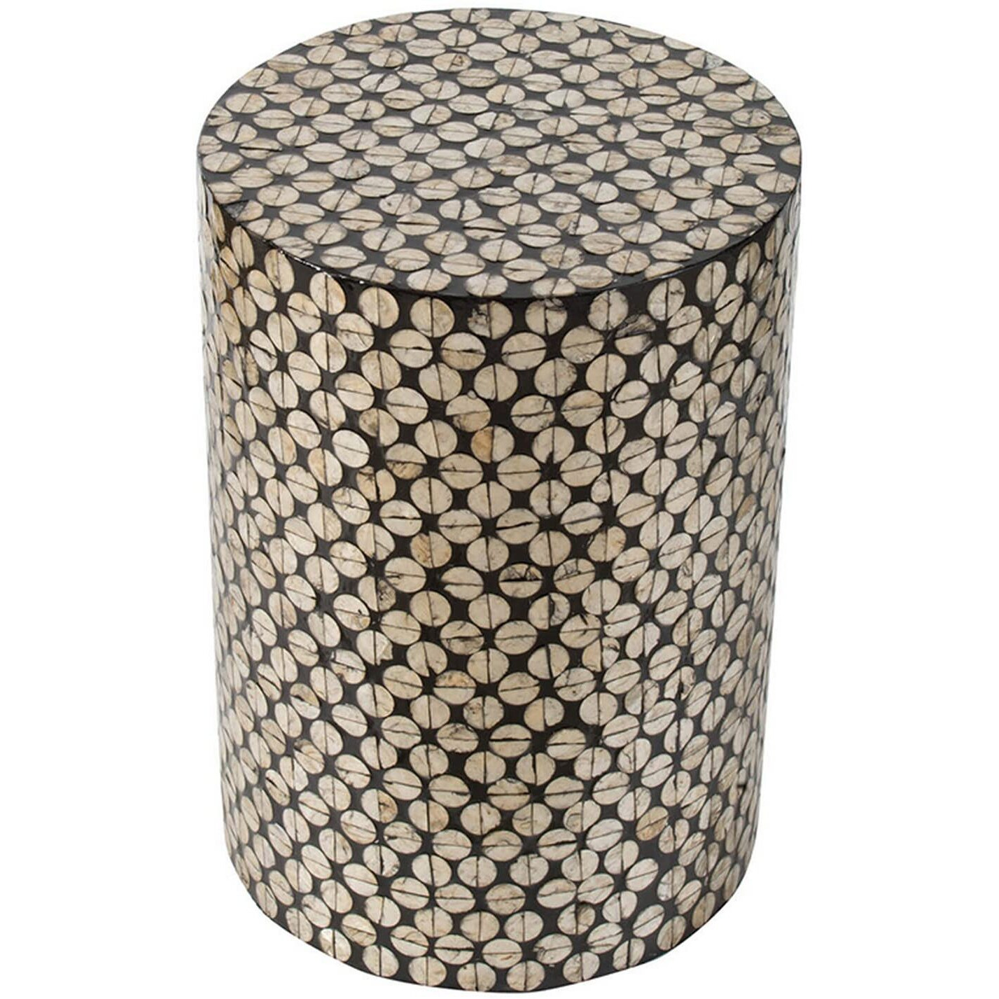 20 Inch Stool Table, Round Wood Design, Modern, Capiz Inlay, Black, White