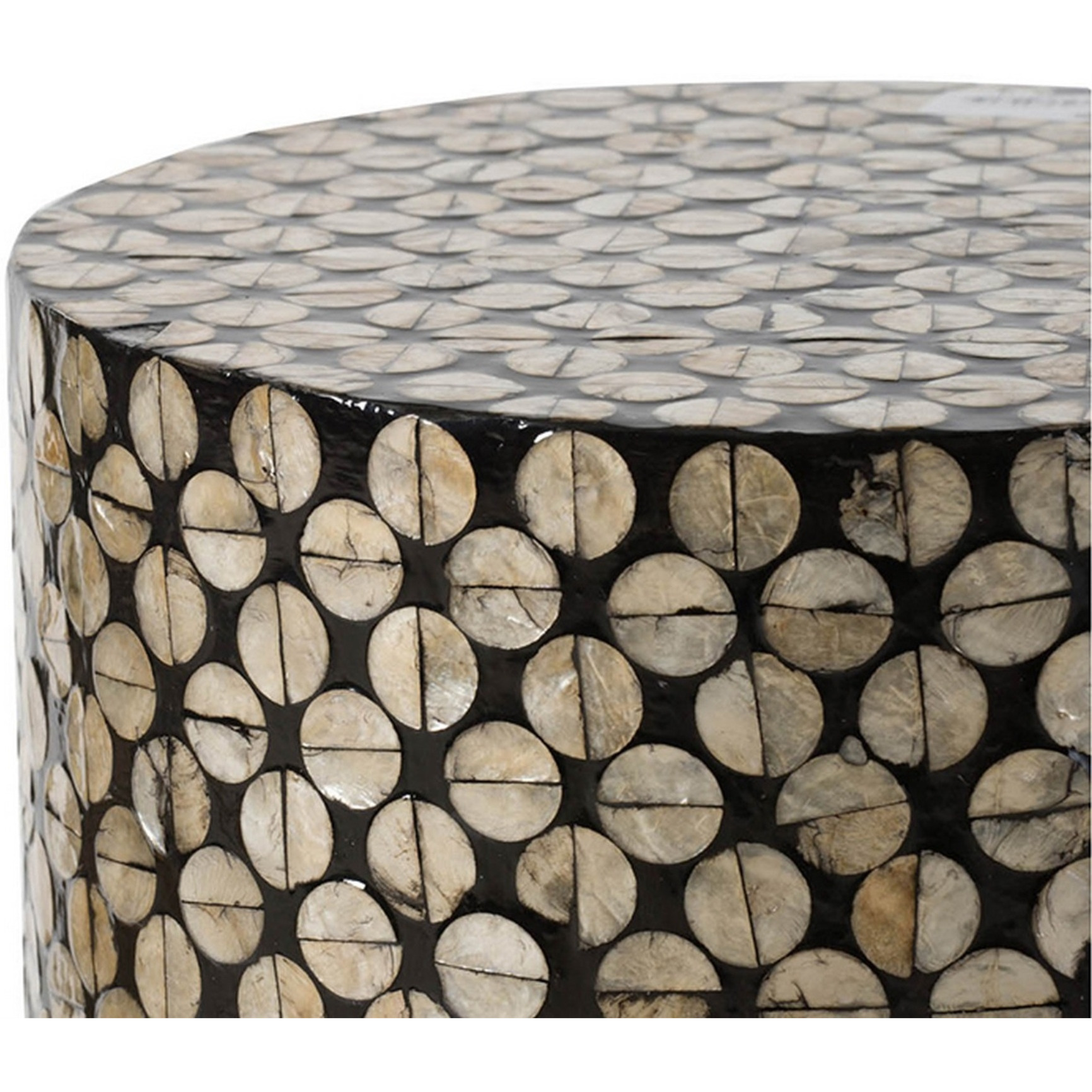 20 Inch Stool Table, Round Wood Design, Modern, Capiz Inlay, Black, White