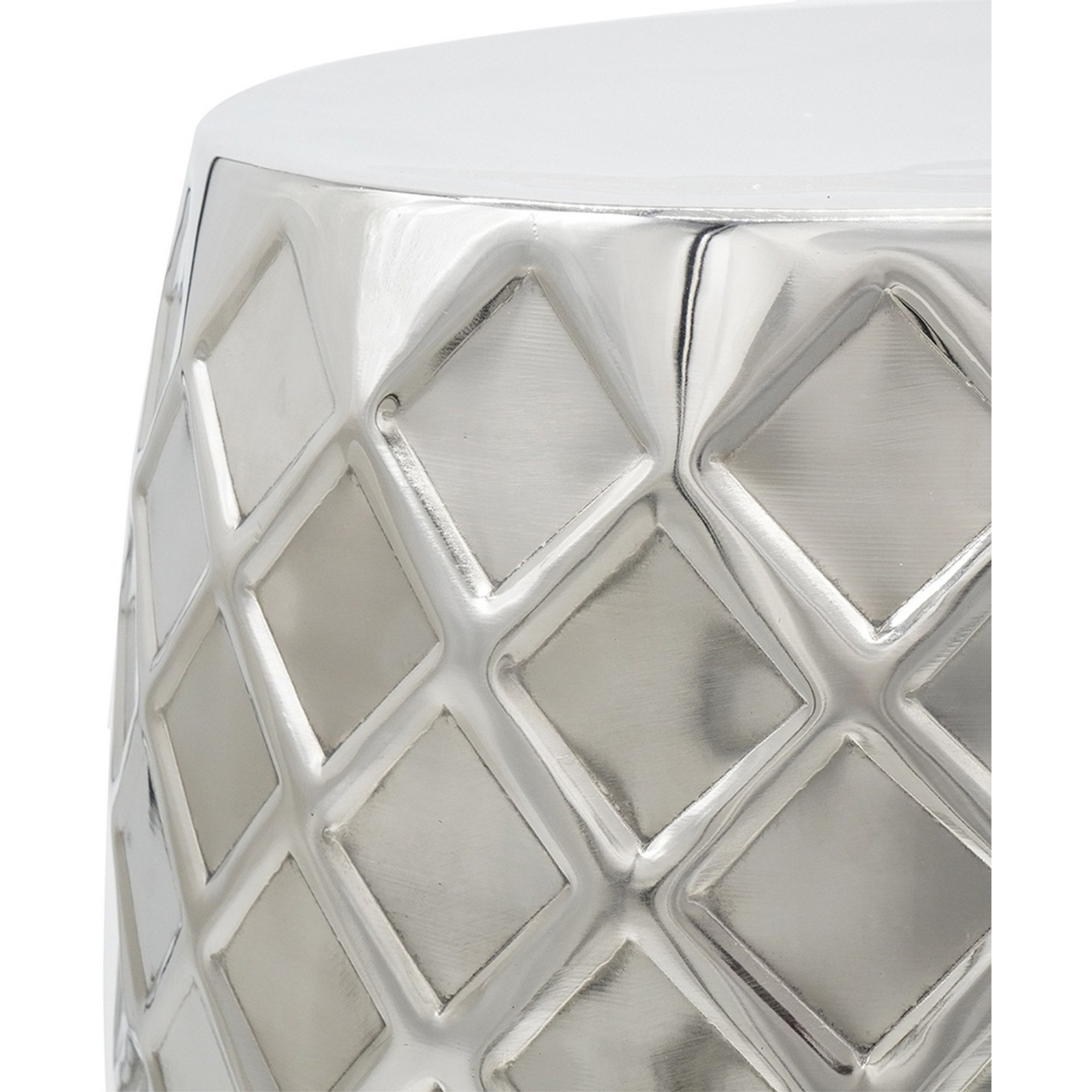 20 Inch Stool Table, Modern, Aluminum Metal, Drum Shape, Elegant Silver