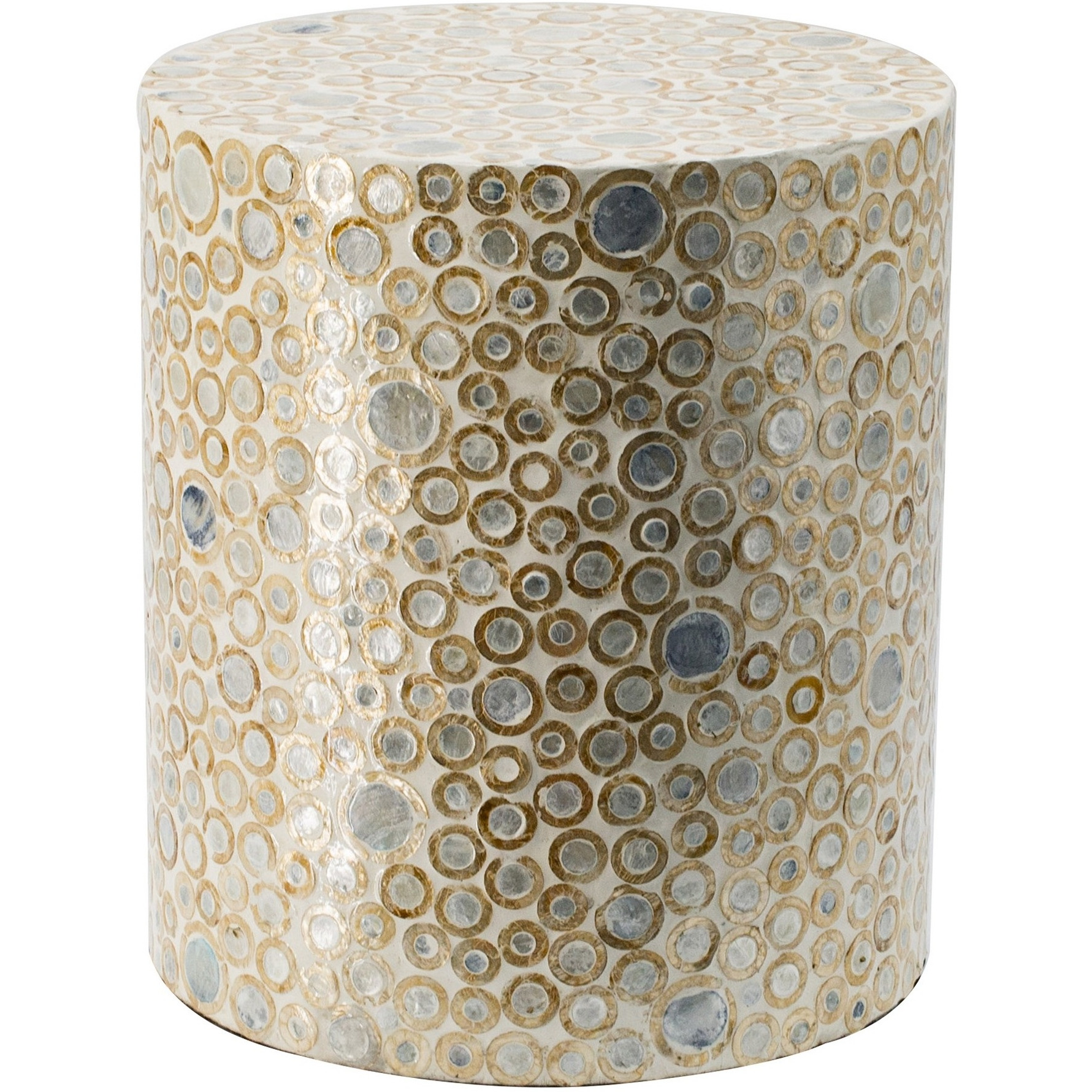 16 Inch Cylindrical Luxury Accent Table Decorative Stool, Blue, Gold, White