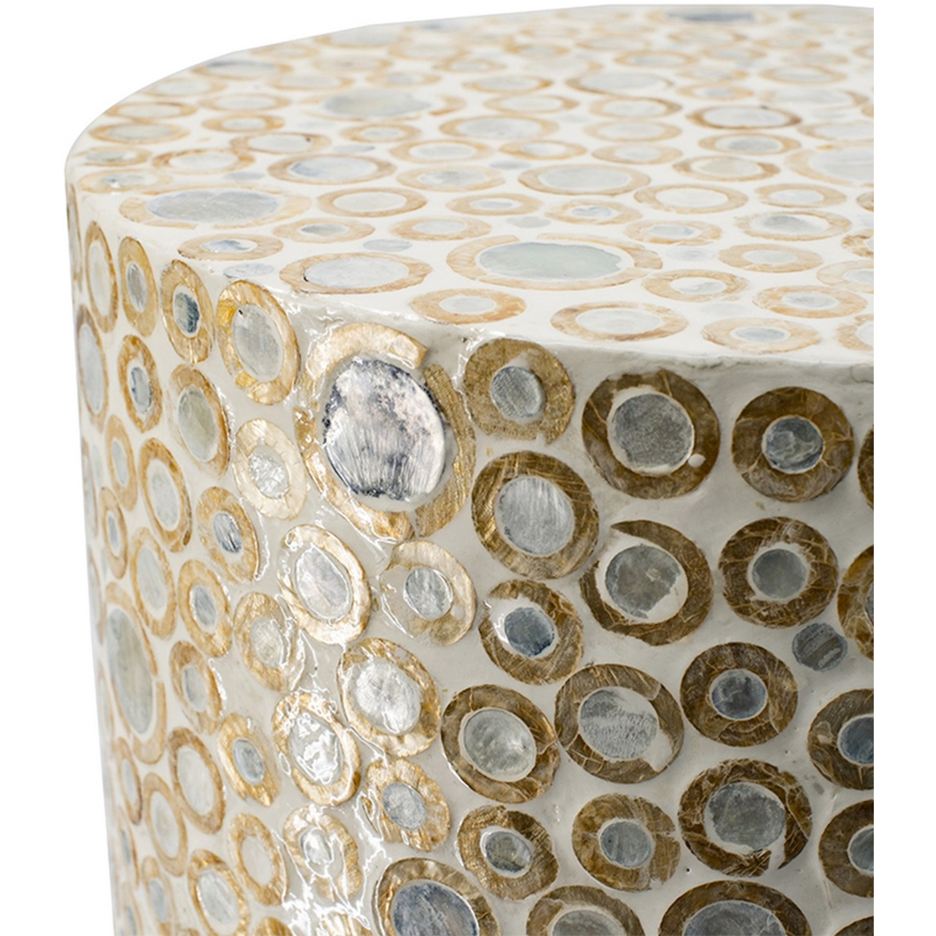 16 Inch Cylindrical Luxury Accent Table Decorative Stool, Blue, Gold, White