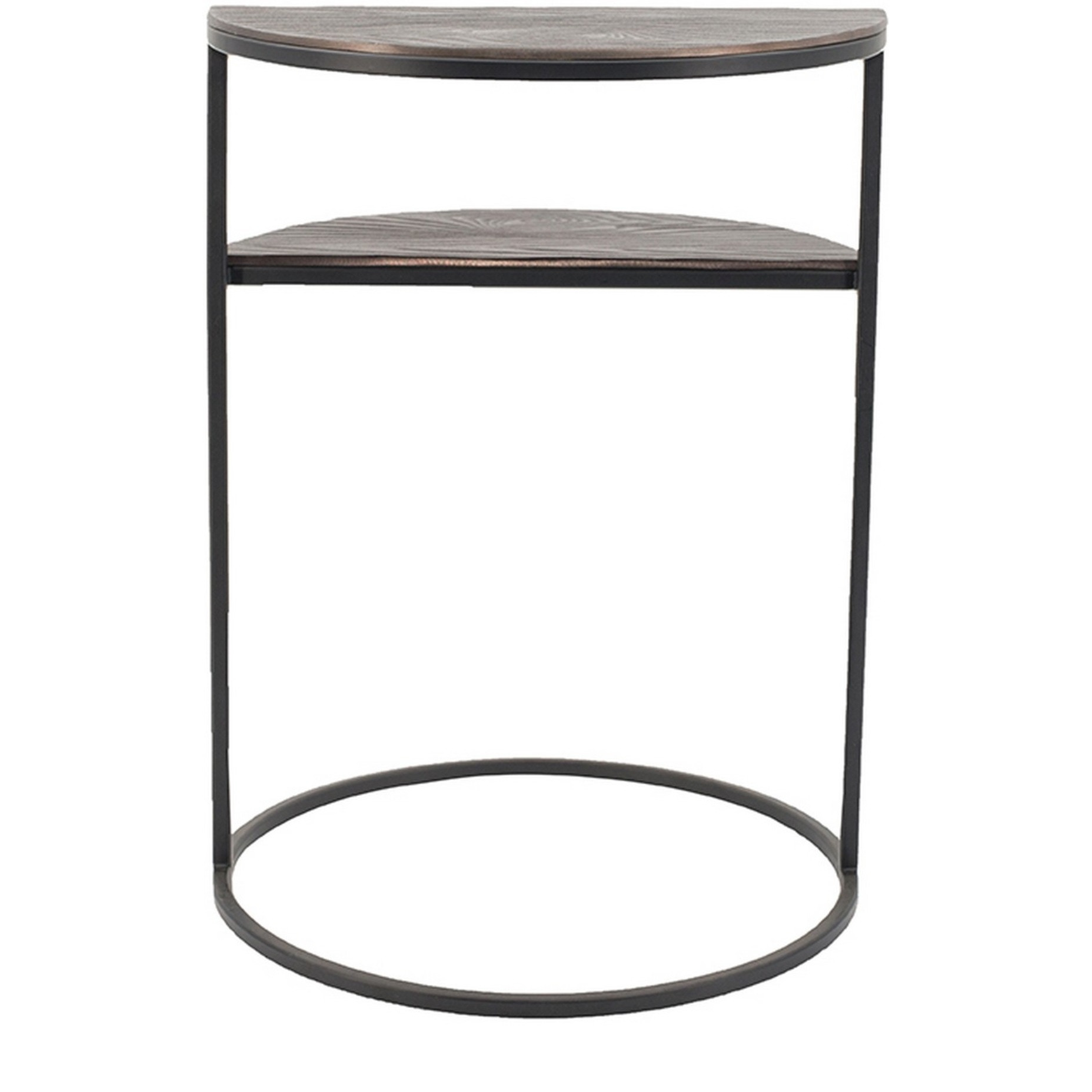 22 Inch Modern Metal Round Accent Table, 2 Half Circle Shelves, Wood, Brown