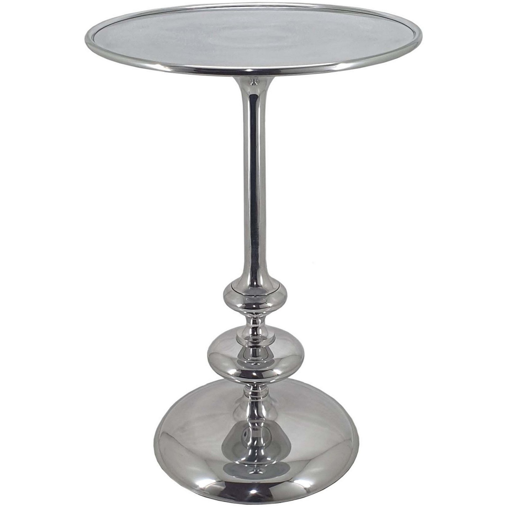 23 Inch Modern Aluminum Side Table, Round Tabletop and Base, Carved, Silver