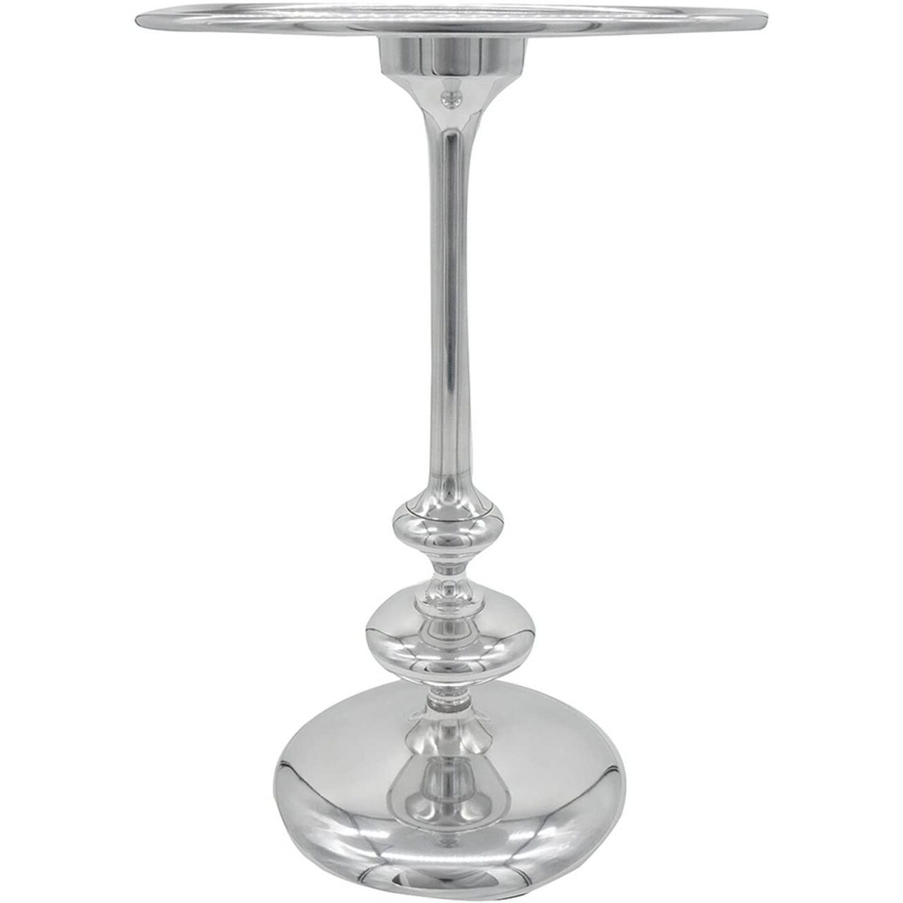 23 Inch Modern Aluminum Side Table, Round Tabletop and Base, Carved, Silver