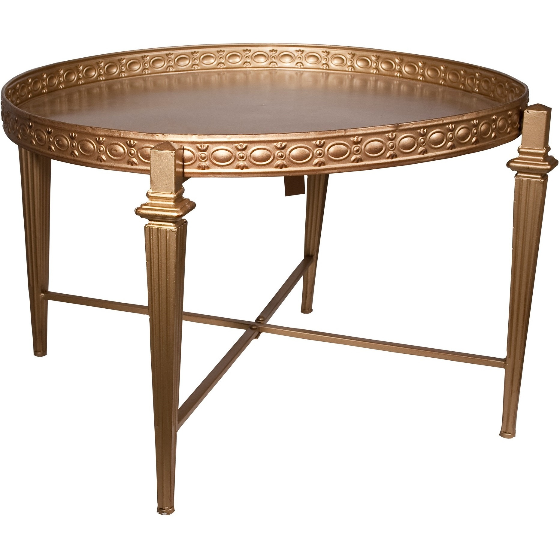 32 Inch Metal Cocktail Table, Circular Pattern Edged Round Top, Copper