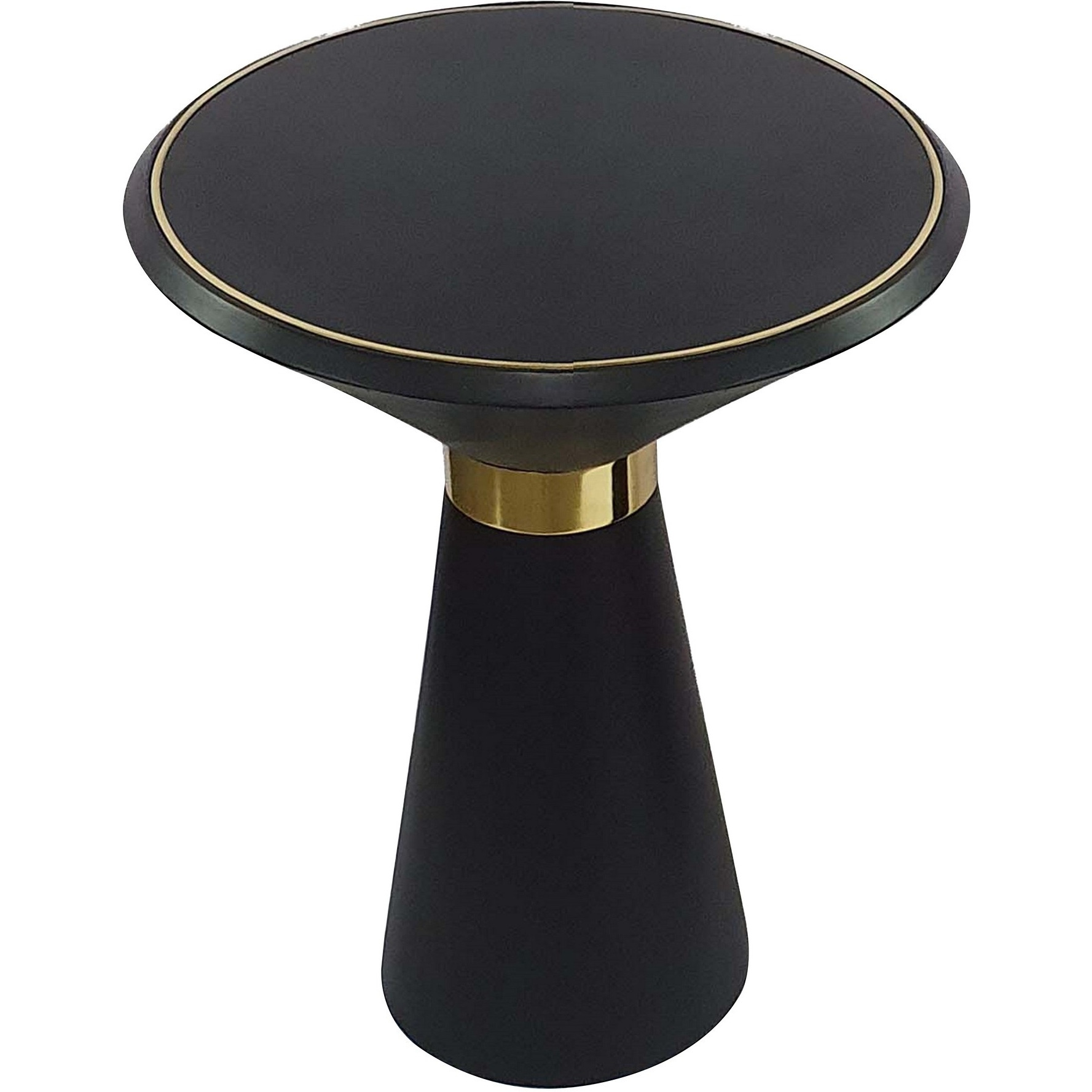22 Inch Round Mango Wood Side Table, Smooth Brass Accents, Black Finish