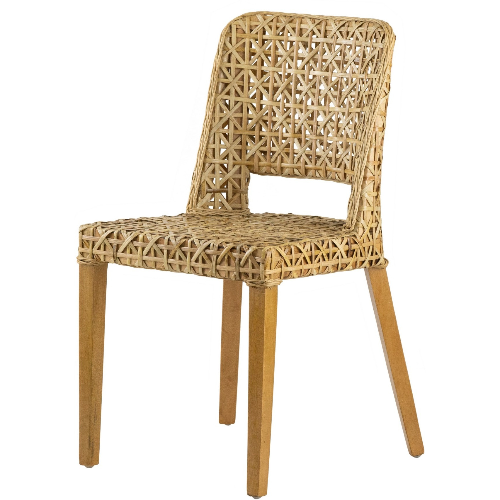 21 Inch Dining Side Chair, Woven Rattan Backrest, Wood Frame, Natural Brown