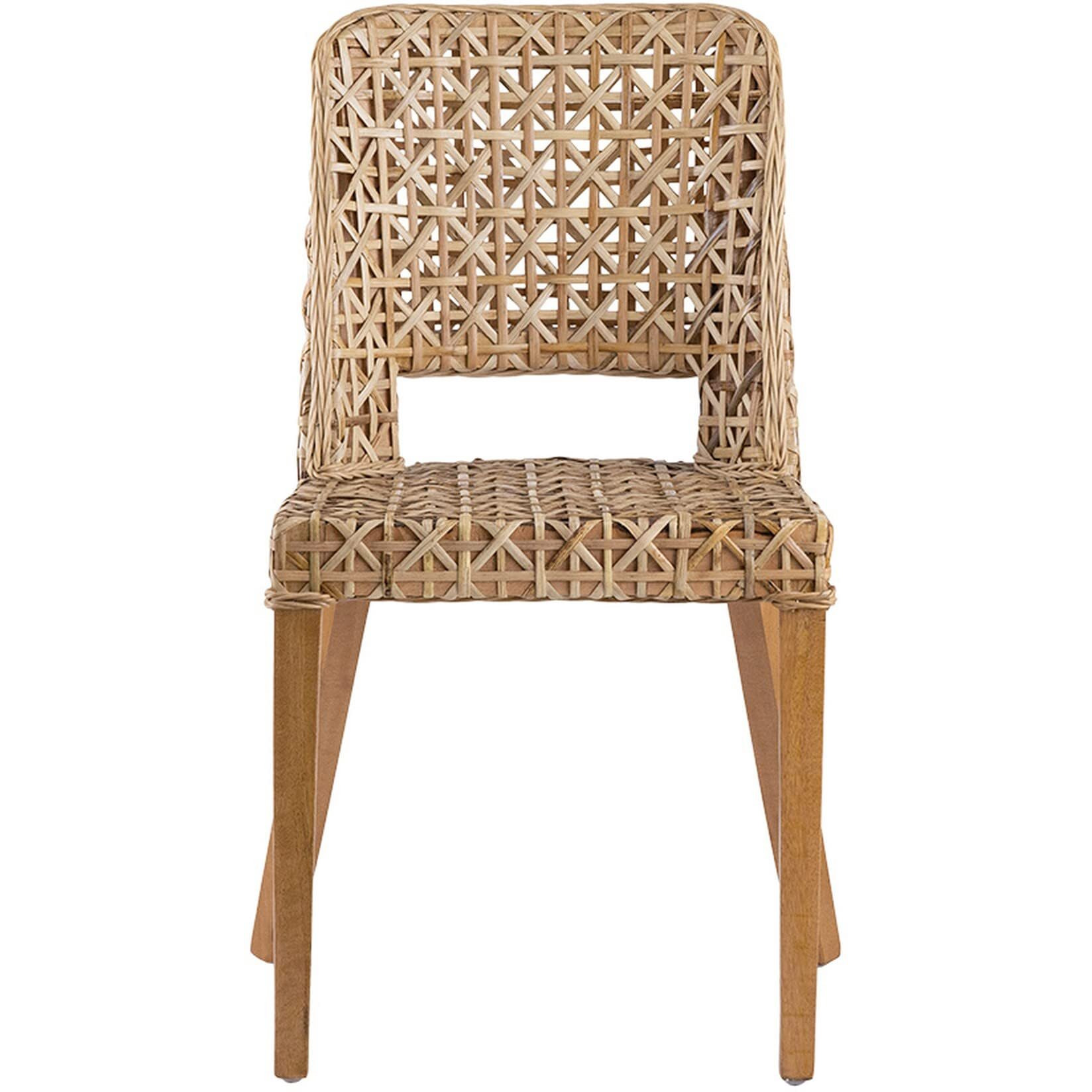 21 Inch Dining Side Chair, Woven Rattan Backrest, Wood Frame, Natural Brown