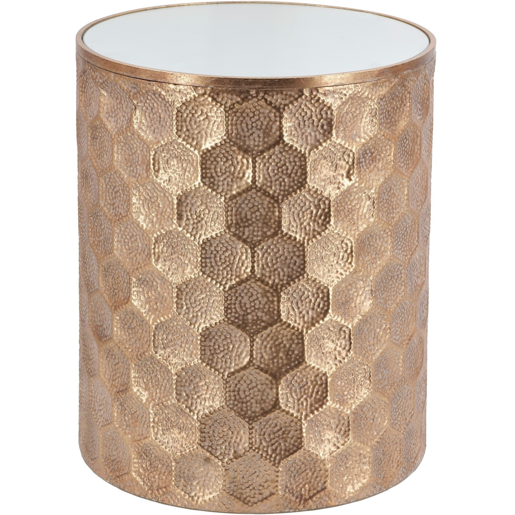 20 Inch Side Table, Iron Top, Mirrored Tabletop, Hammered Texture, Gold