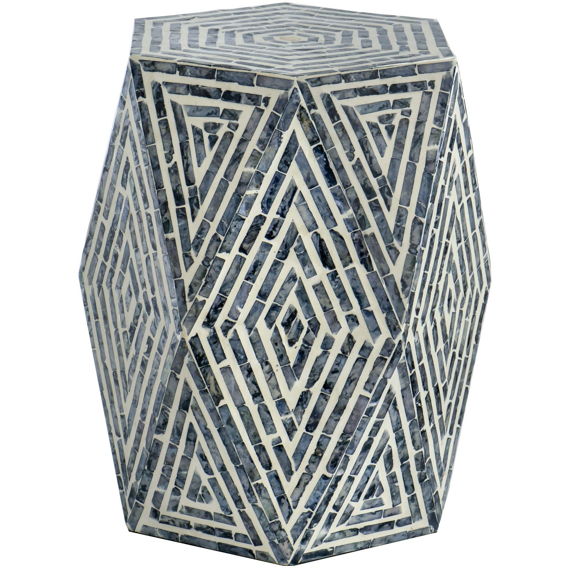 18 Inch Accent Table Stool, Hexagonal Design, Diamond Pattern, Blue, White