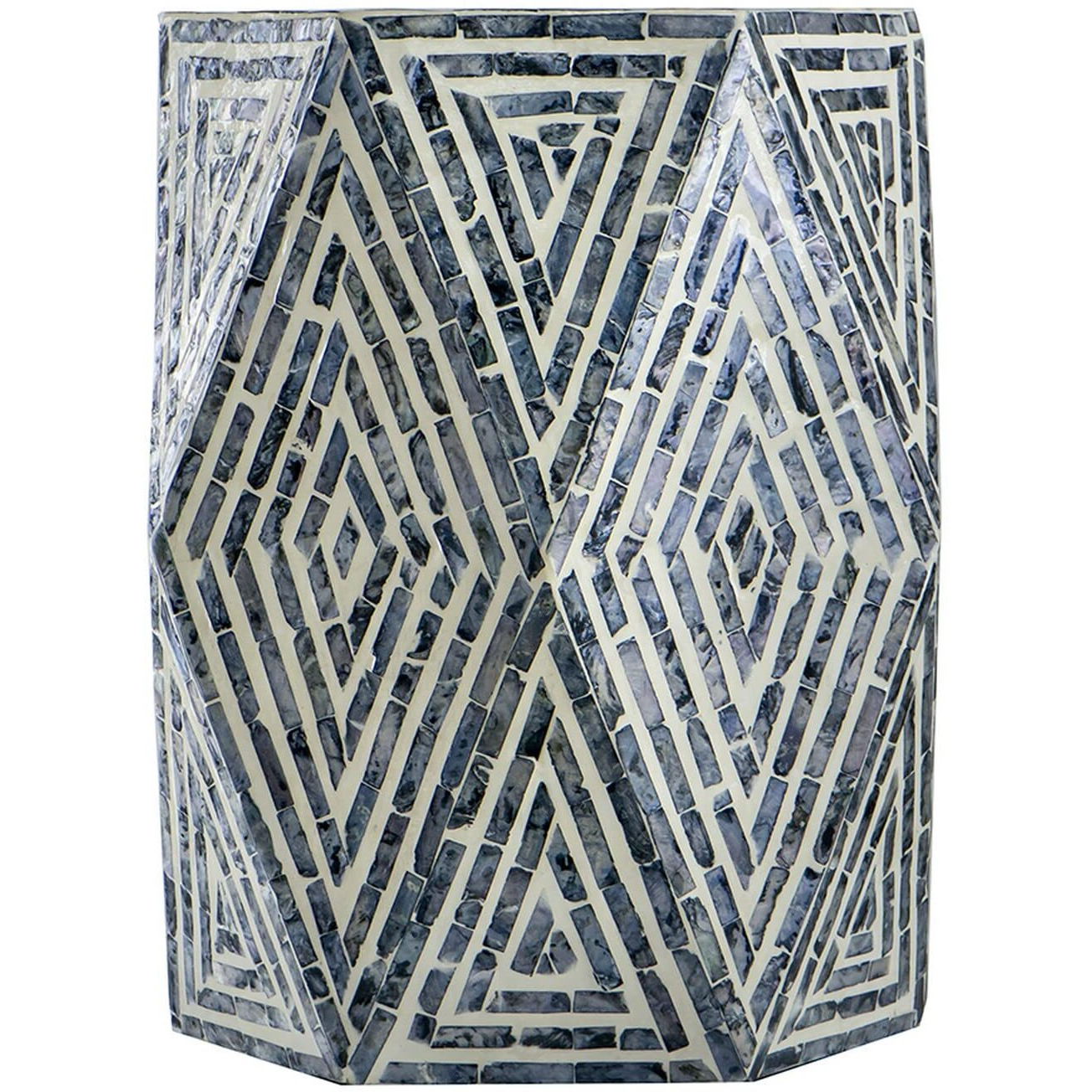 18 Inch Accent Table Stool, Hexagonal Design, Diamond Pattern, Blue, White