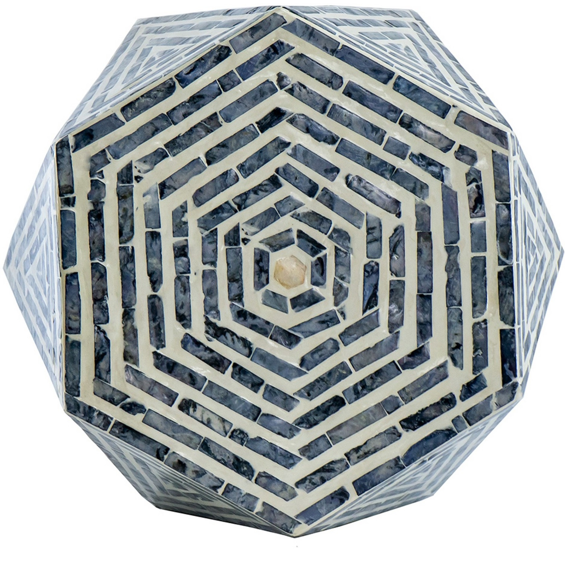 18 Inch Accent Table Stool, Hexagonal Design, Diamond Pattern, Blue, White