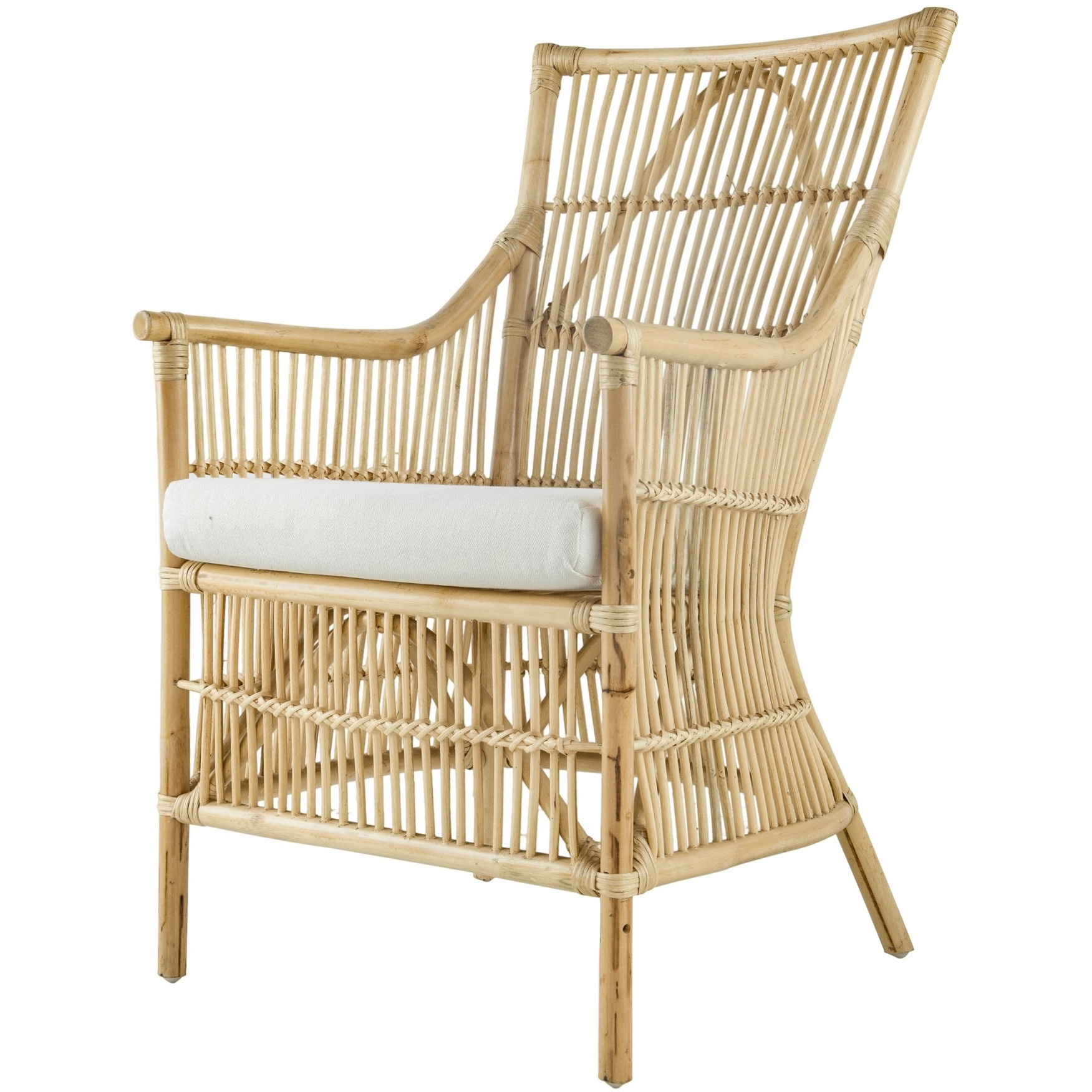 23 Inch Rattan Dining Armchair, White Fabric Padded Seat, Natural Brown