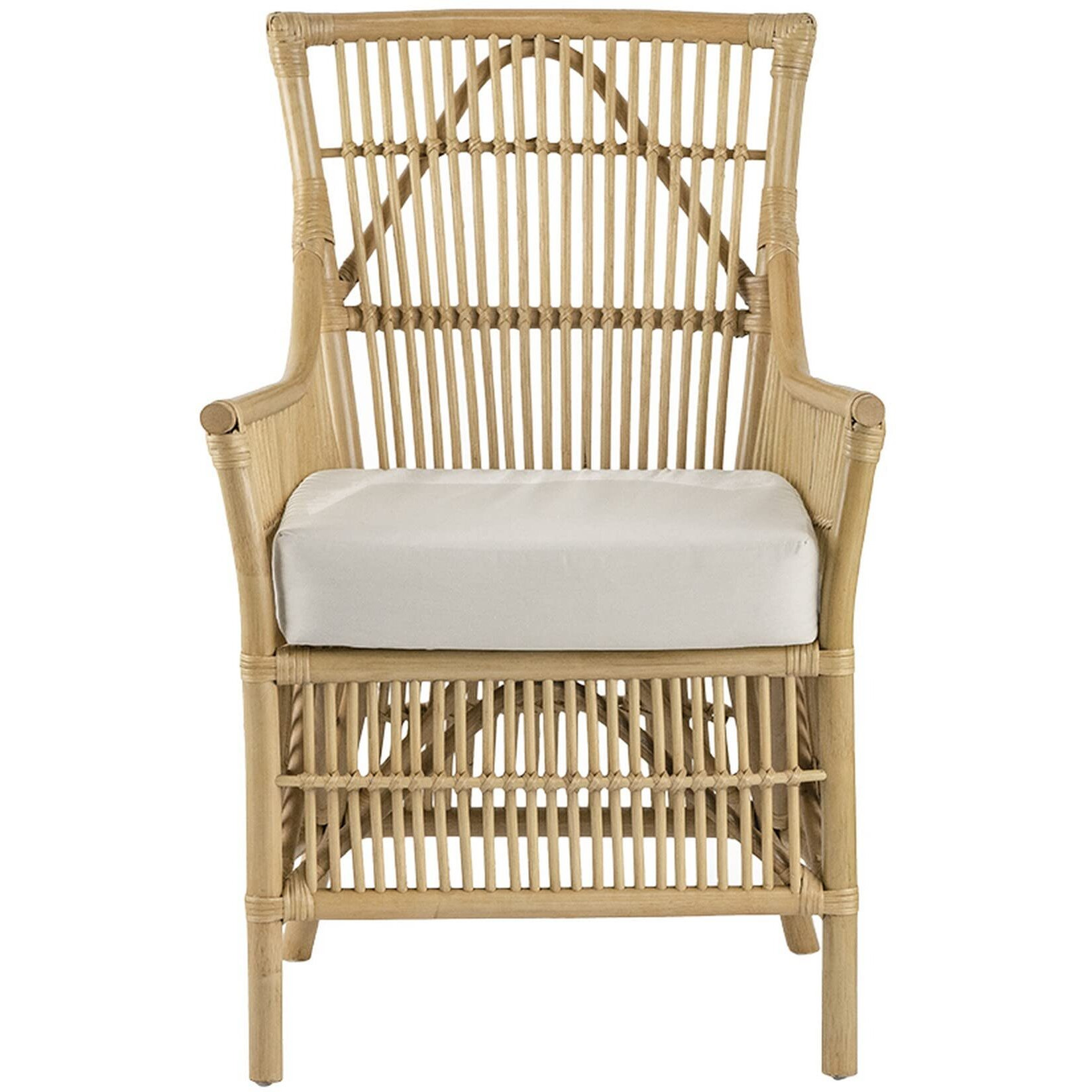 23 Inch Rattan Dining Armchair, White Fabric Padded Seat, Natural Brown