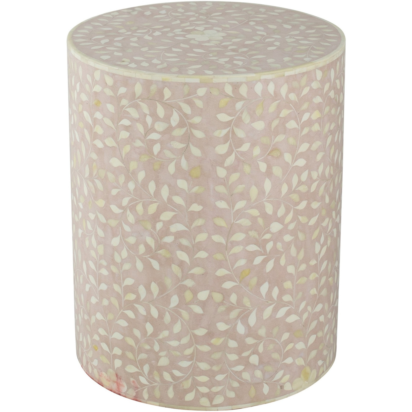 20 Inch Round Side End Table, Filigree Bone Inlay, Wood, Pale Pink, White