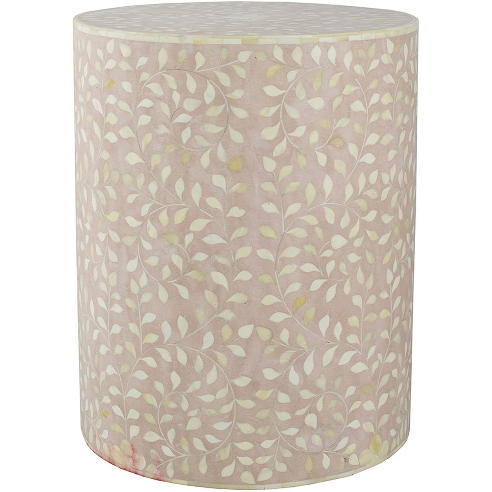 20 Inch Round Side End Table, Filigree Bone Inlay, Wood, Pale Pink, White