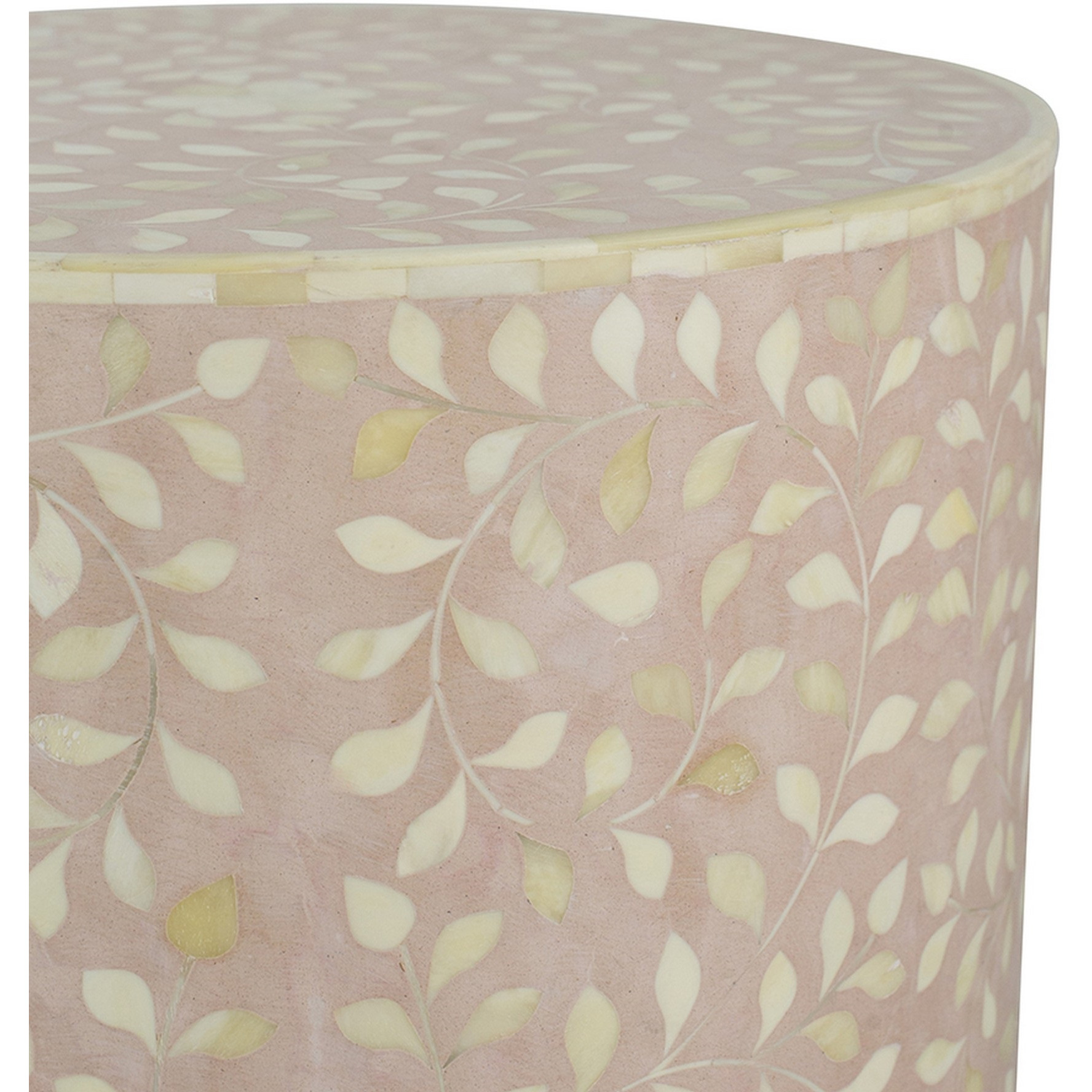 20 Inch Round Side End Table, Filigree Bone Inlay, Wood, Pale Pink, White