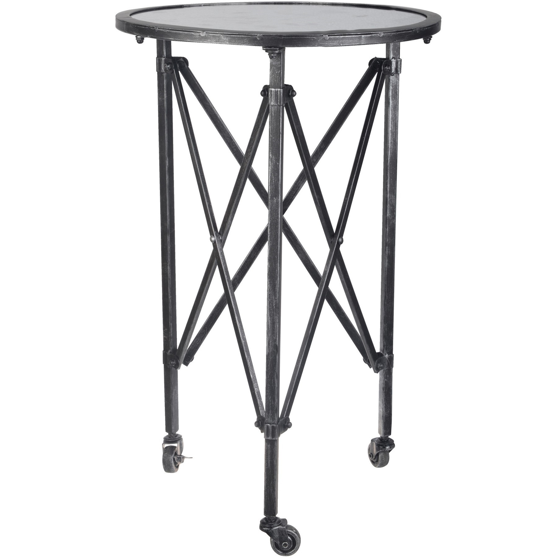 27 Inch Side Table, Round Metal Body, Glass Tabletop, 3 Wheels, Silver