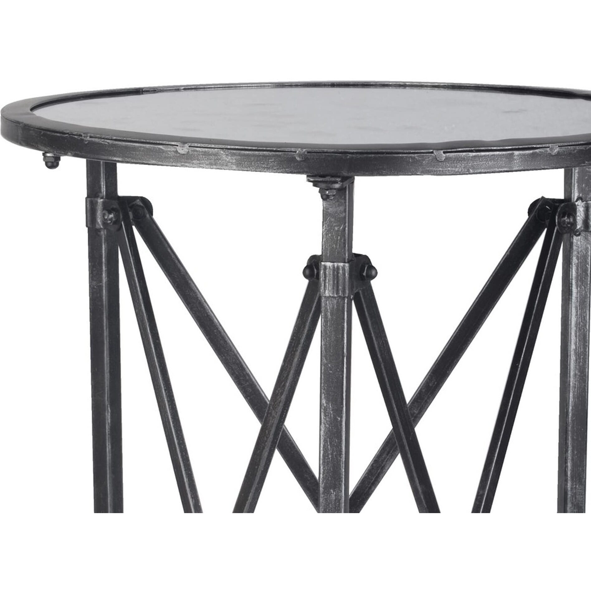 27 Inch Side Table, Round Metal Body, Glass Tabletop, 3 Wheels, Silver