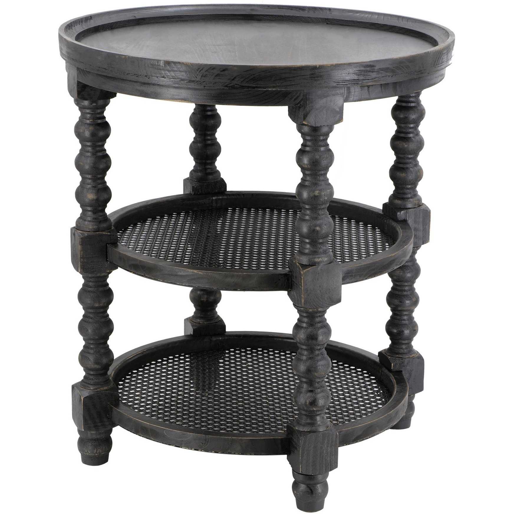 Jake 25 Inch 3 Tier Side Table, Fir Wood, 2 Woven Wicker Shelves, Black