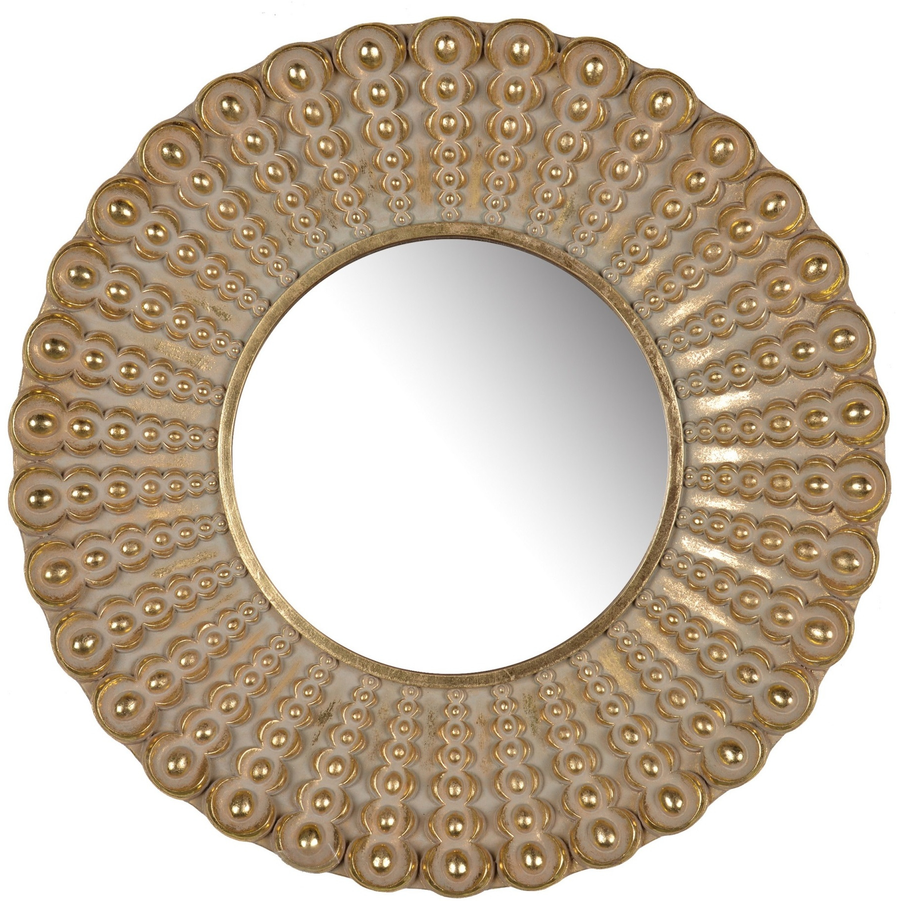 19 Inch Wall Mirror, Beaded Sunburst Design, Gold Finished Metal Frame