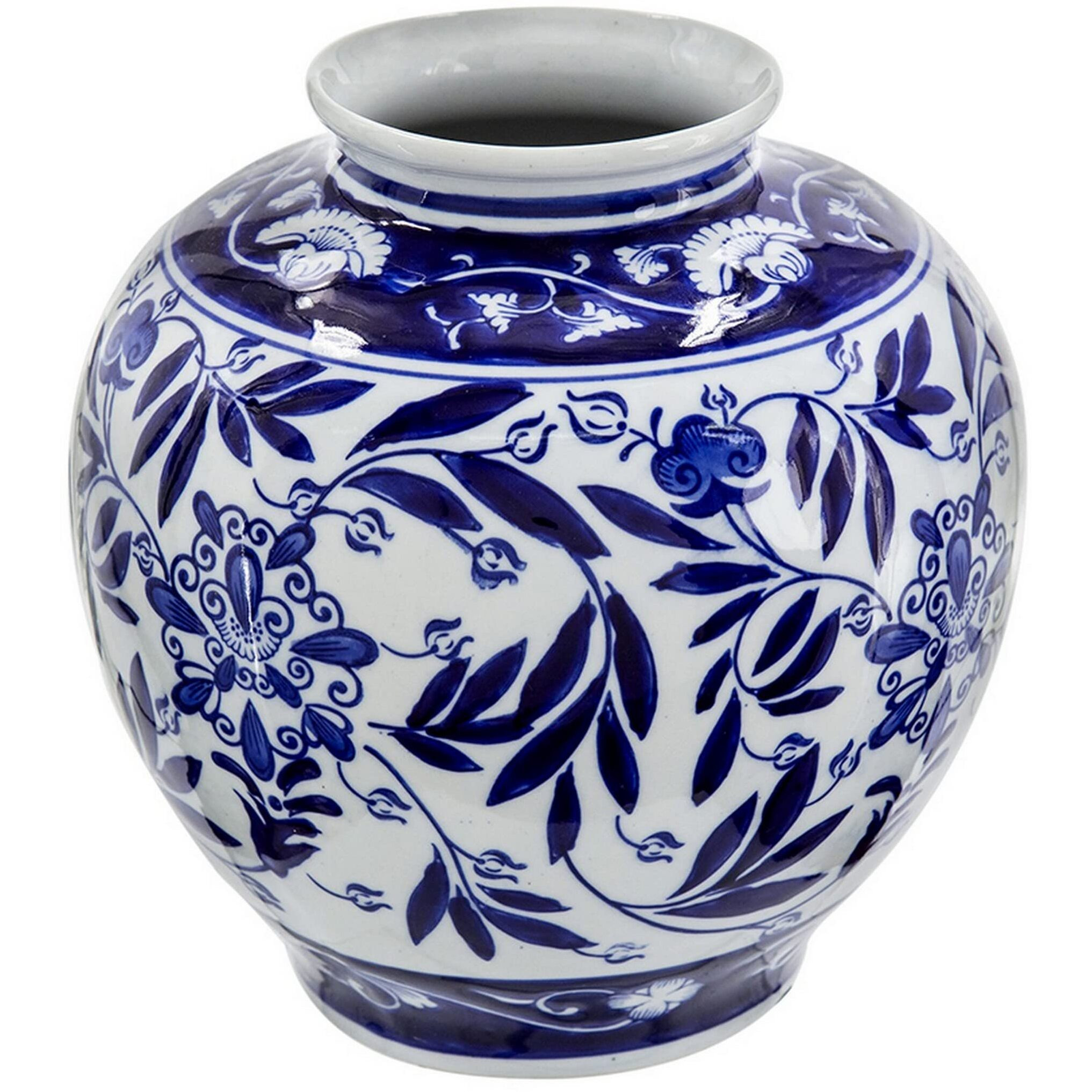 9 Inch Porcelain Vase, Blue Persian Print, Curved Shape, Flared Opening