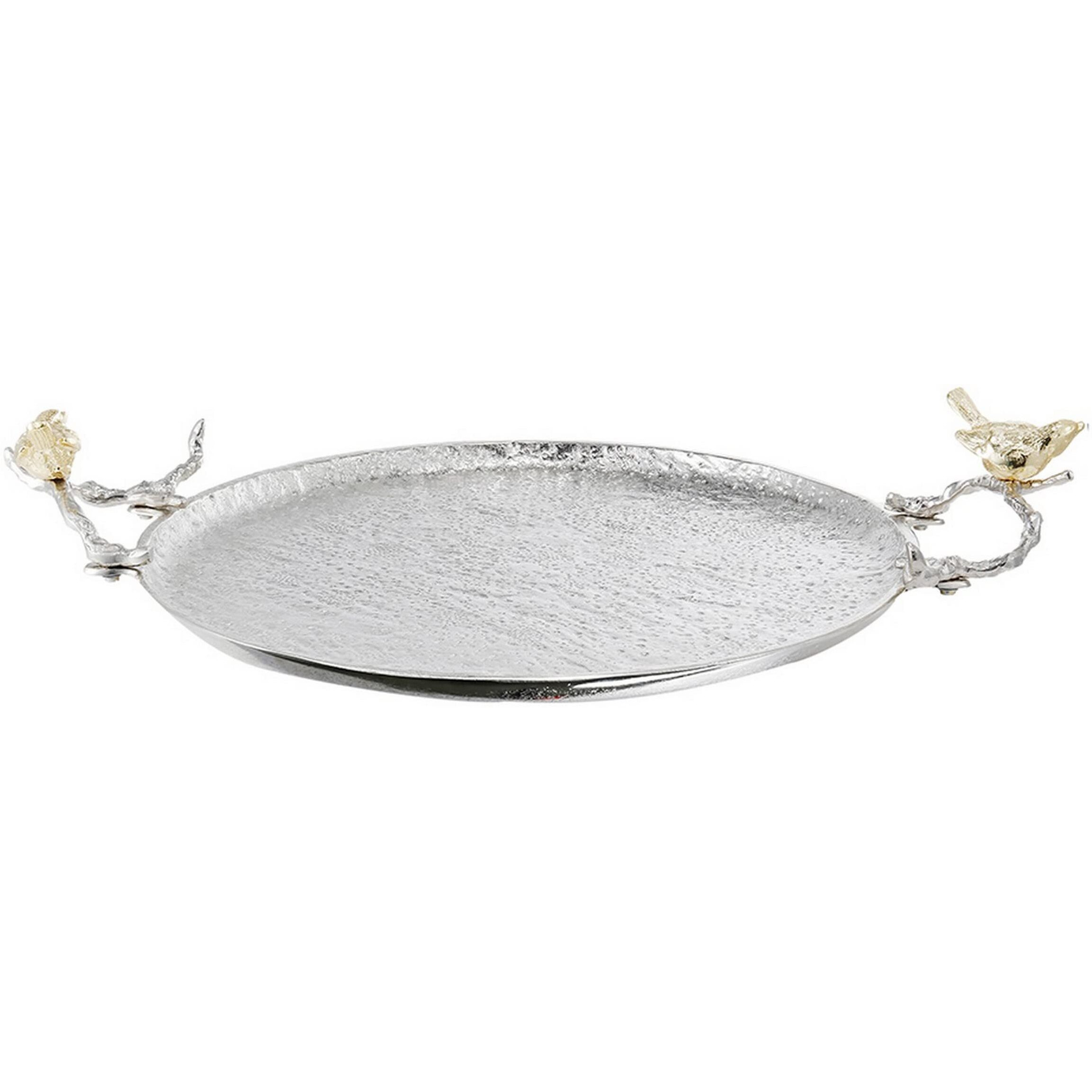 21 Inch Decorative Tray Set of 2, Perched Birds Silver Metal, Large