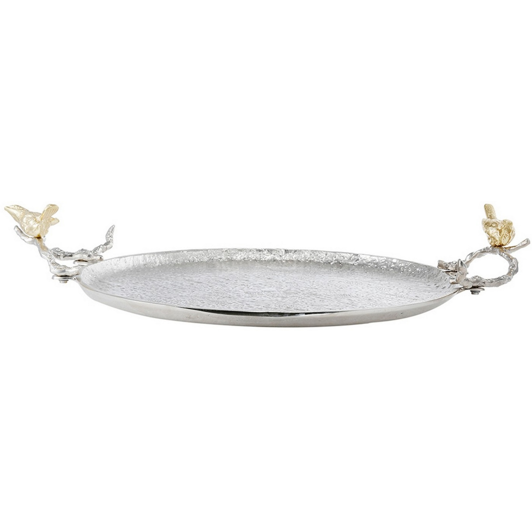 21 Inch Decorative Tray Set of 2, Perched Birds Silver Metal, Large