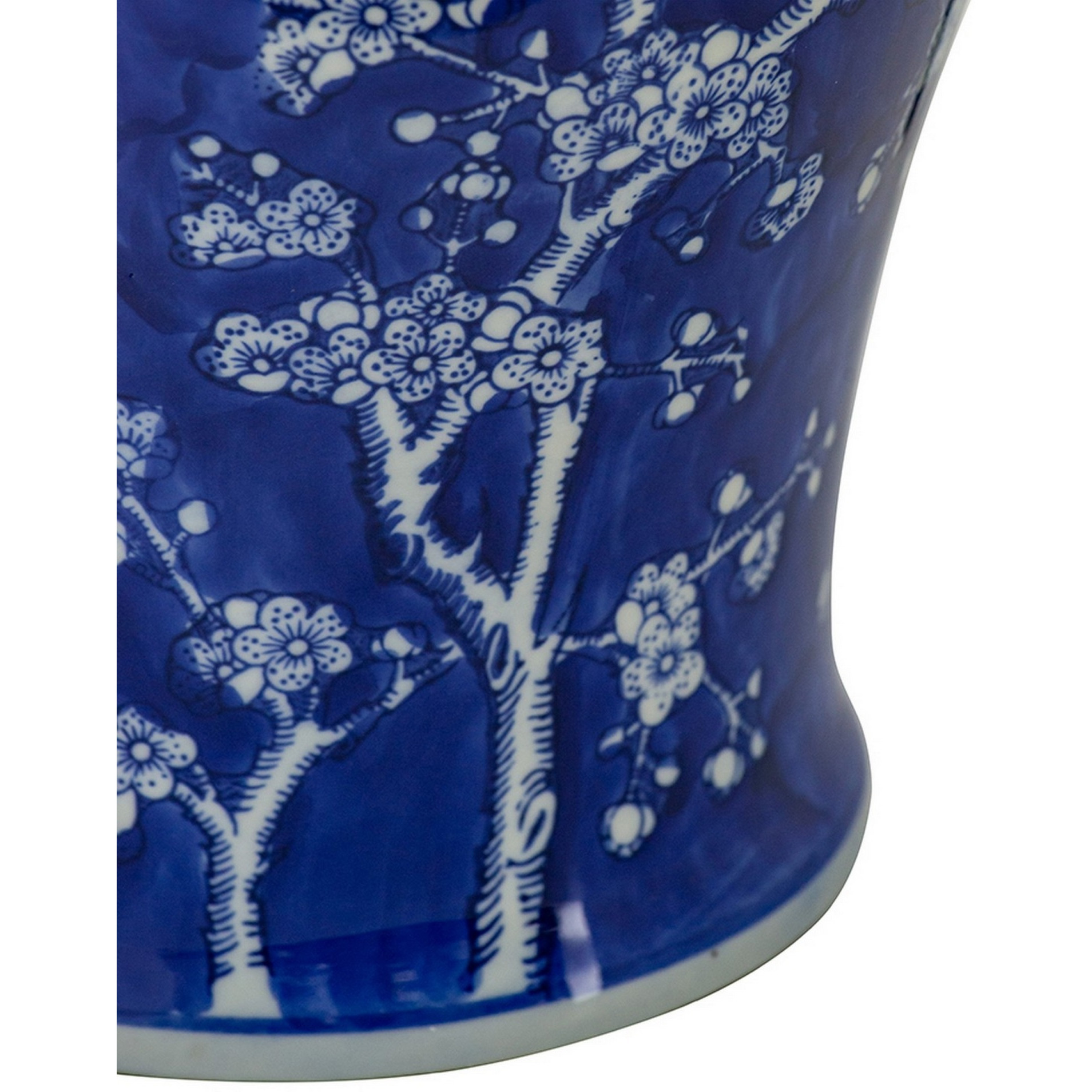 18 Inch Porcelain Ginger Jar, Finial Lid and Round Curved, Blue Flowers