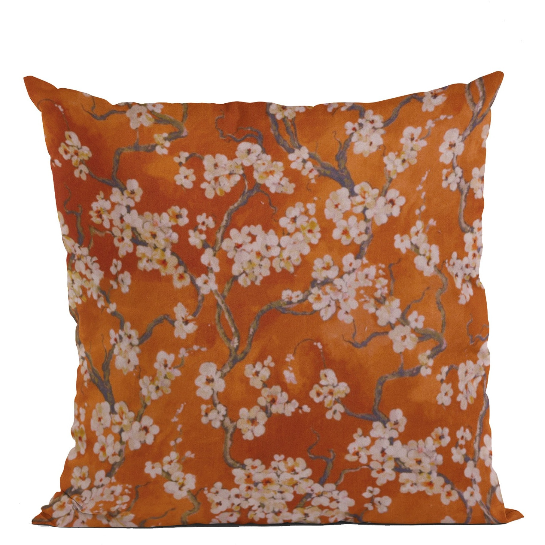 Plutus Persimmon Garden Cherry Blossoms Printed On A Linen Looking Polyester. Luxury Throw Pillow - Double sided  26" x 26"