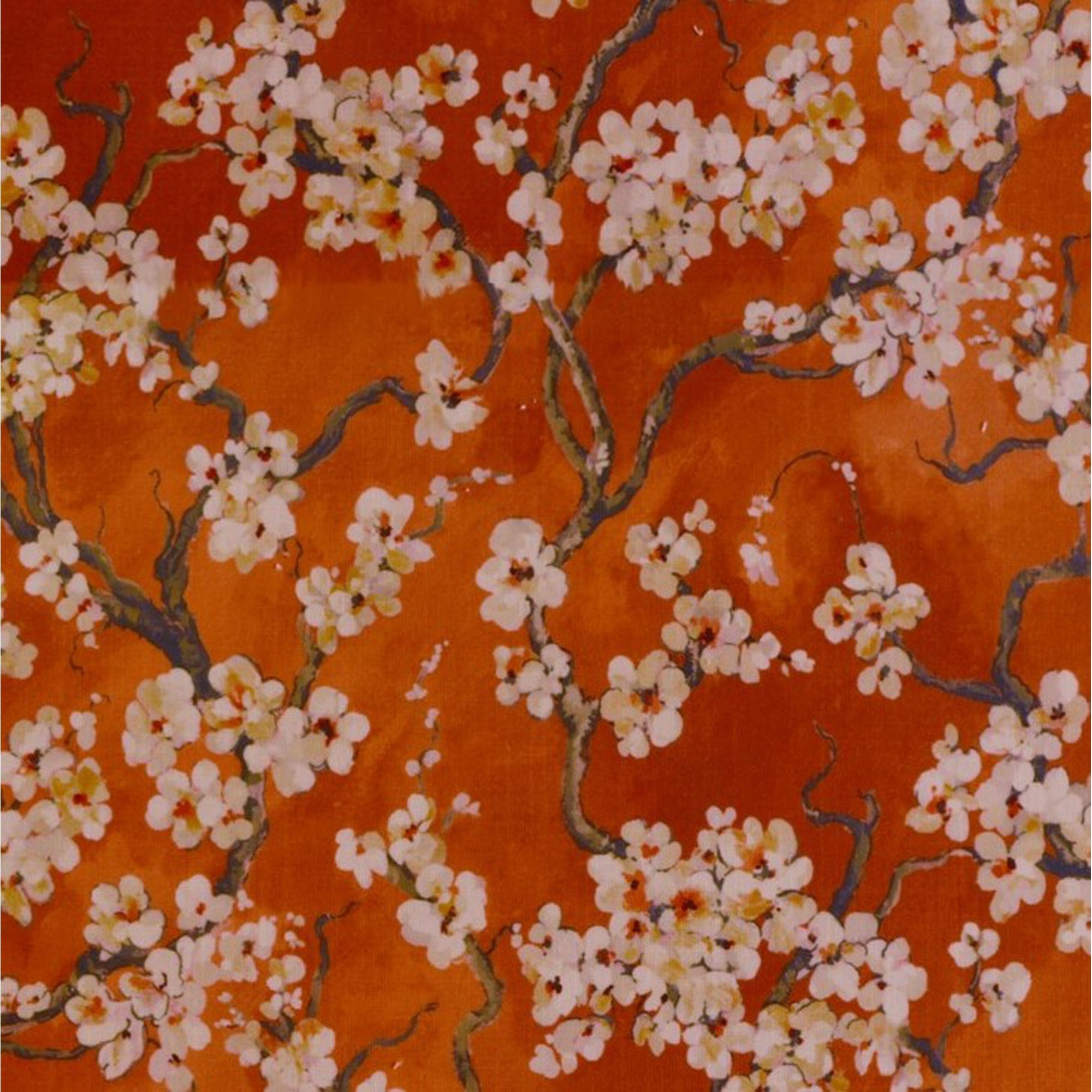 Plutus Persimmon Garden Cherry Blossoms Printed On A Linen Looking Polyester. Luxury Throw Pillow - Double sided  26" x 26"