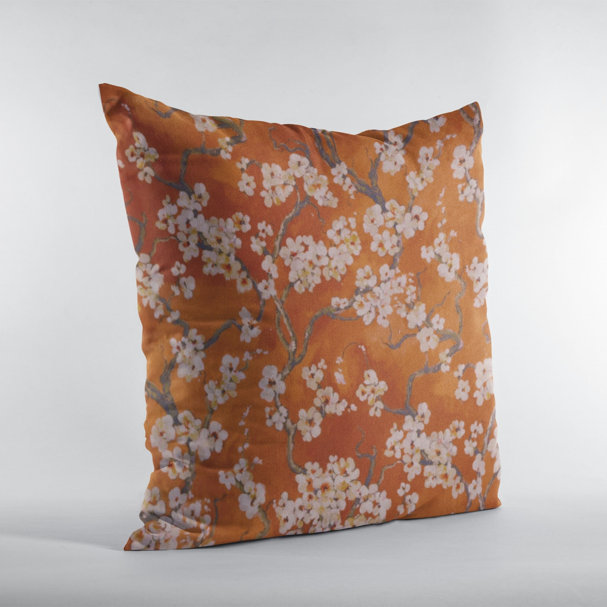 Plutus Persimmon Garden Cherry Blossoms Printed On A Linen Looking Polyester. Luxury Throw Pillow - Double sided  26" x 26"