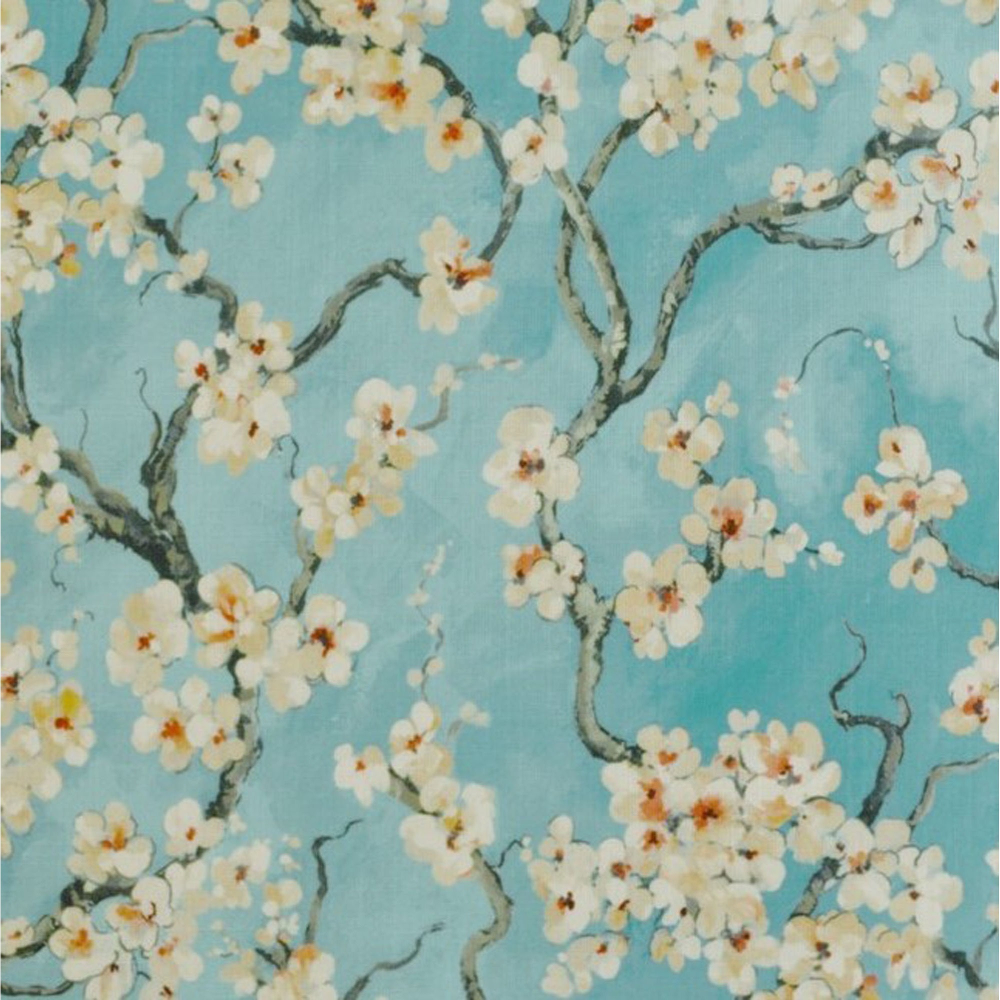 Plutus Azure Garden Cherry Blossoms Printed On A Linen Looking Polyester. Luxury Throw Pillow - Double sided  20" x 36" King