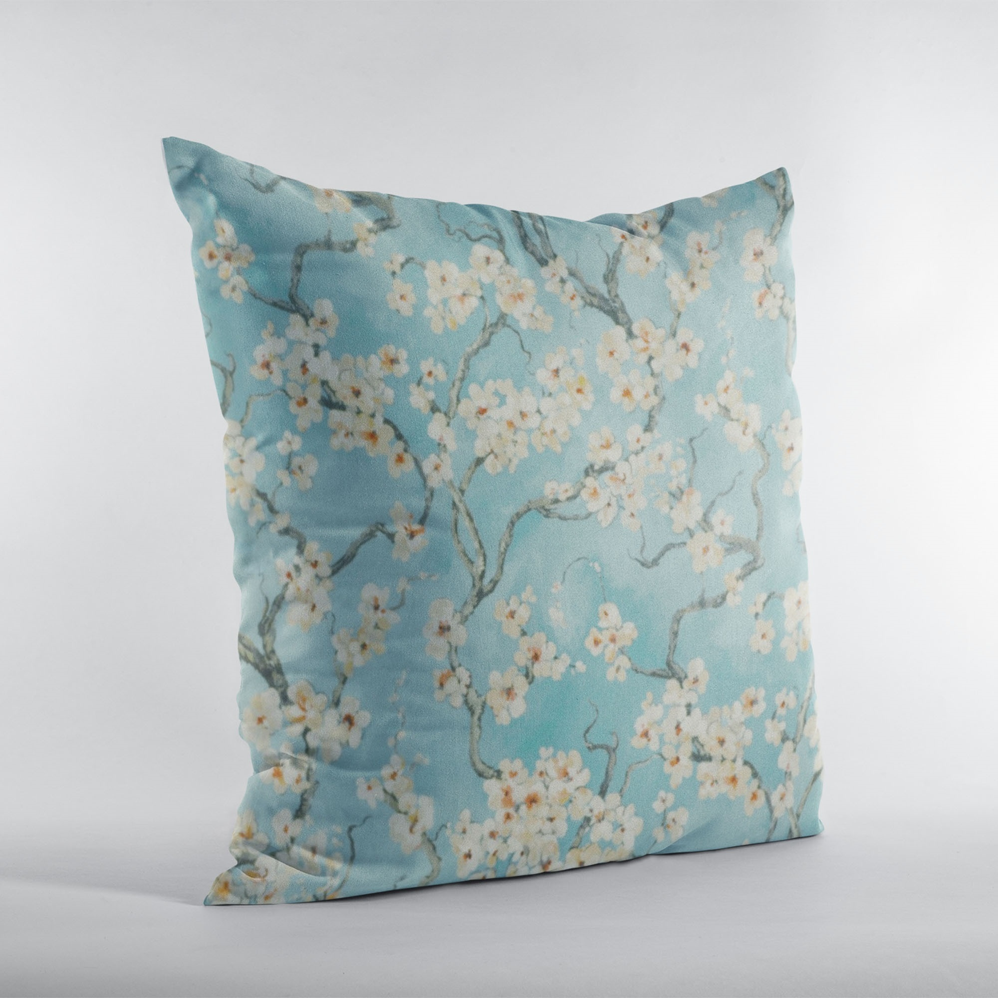 Plutus Azure Garden Cherry Blossoms Printed On A Linen Looking Polyester. Luxury Throw Pillow - Double sided  20" x 36" King
