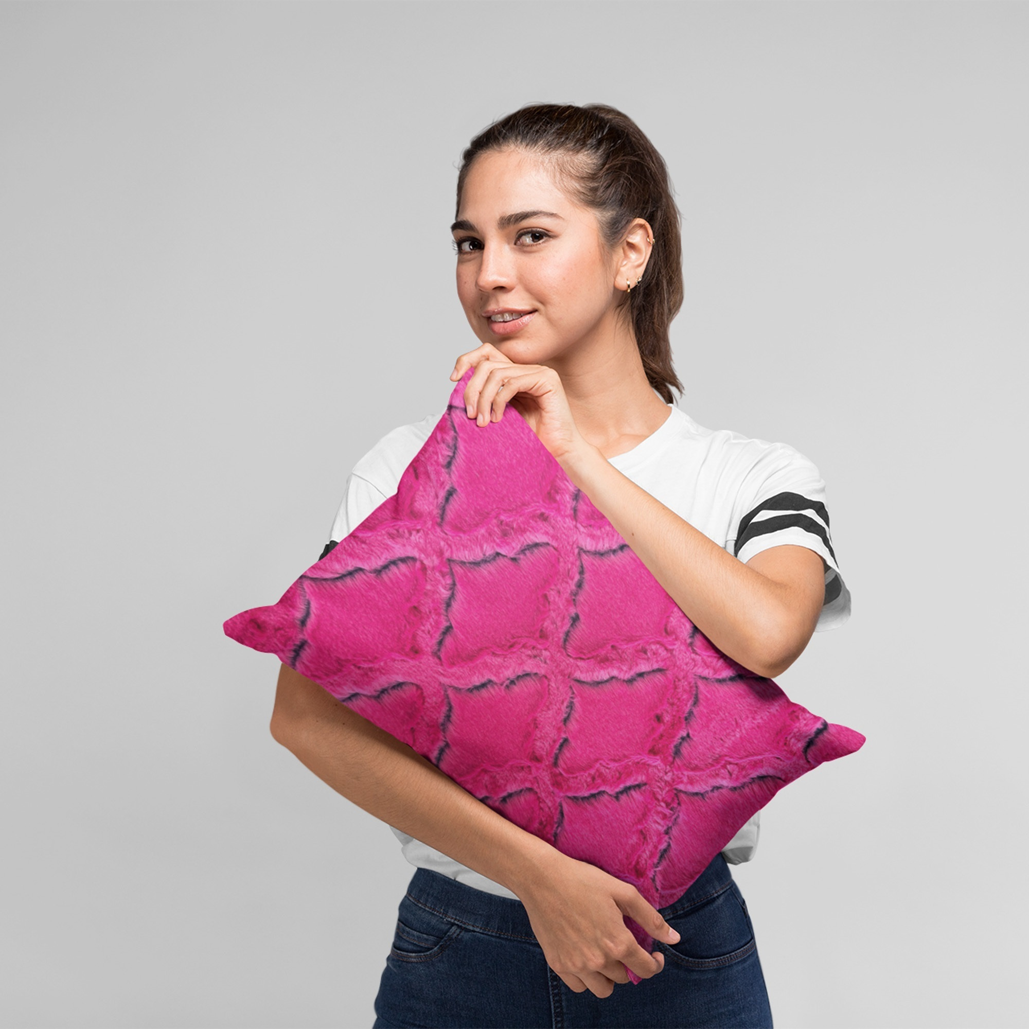 Plutus Fuchsia Purple Diamond Animal Faux Fur Luxury Throw Pillow - Double sided  24" x 24"