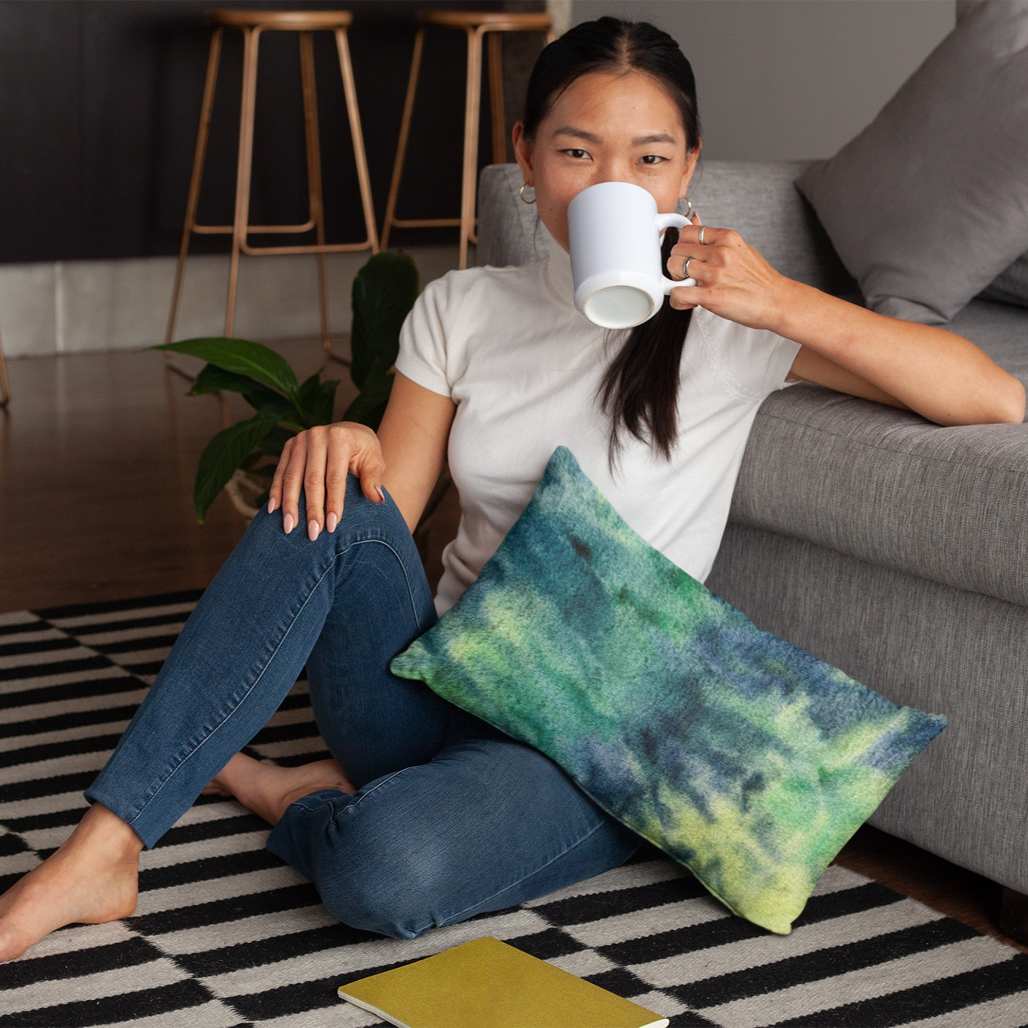 Plutus Green Yellow Blue Northern Lights Animal Faux Fur Luxury Throw Pillow - Double sided  16" x 16"