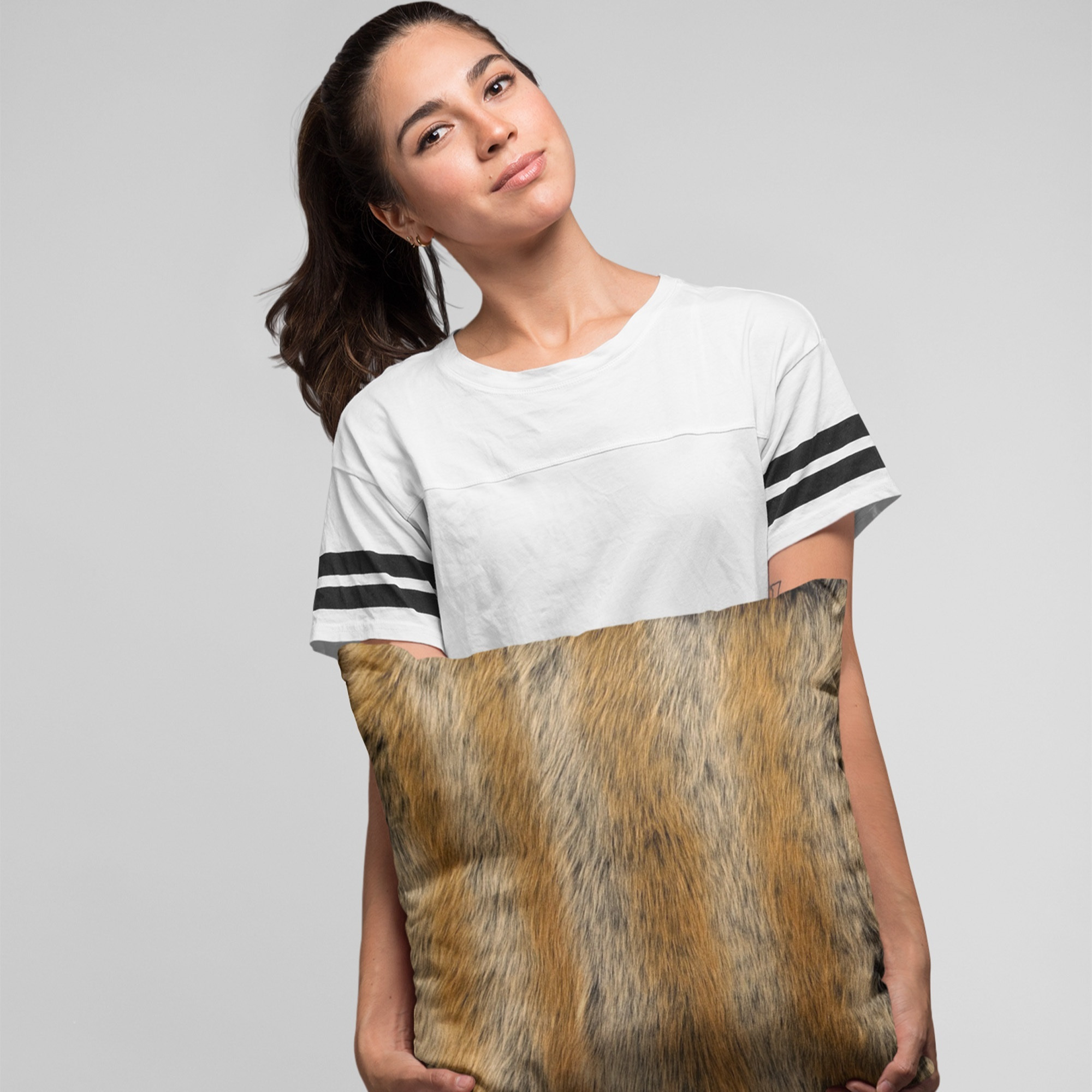 Plutus Brown Gold Chinchilla Animal Faux Fur Luxury Throw Pillow - Double sided  20" x 20"