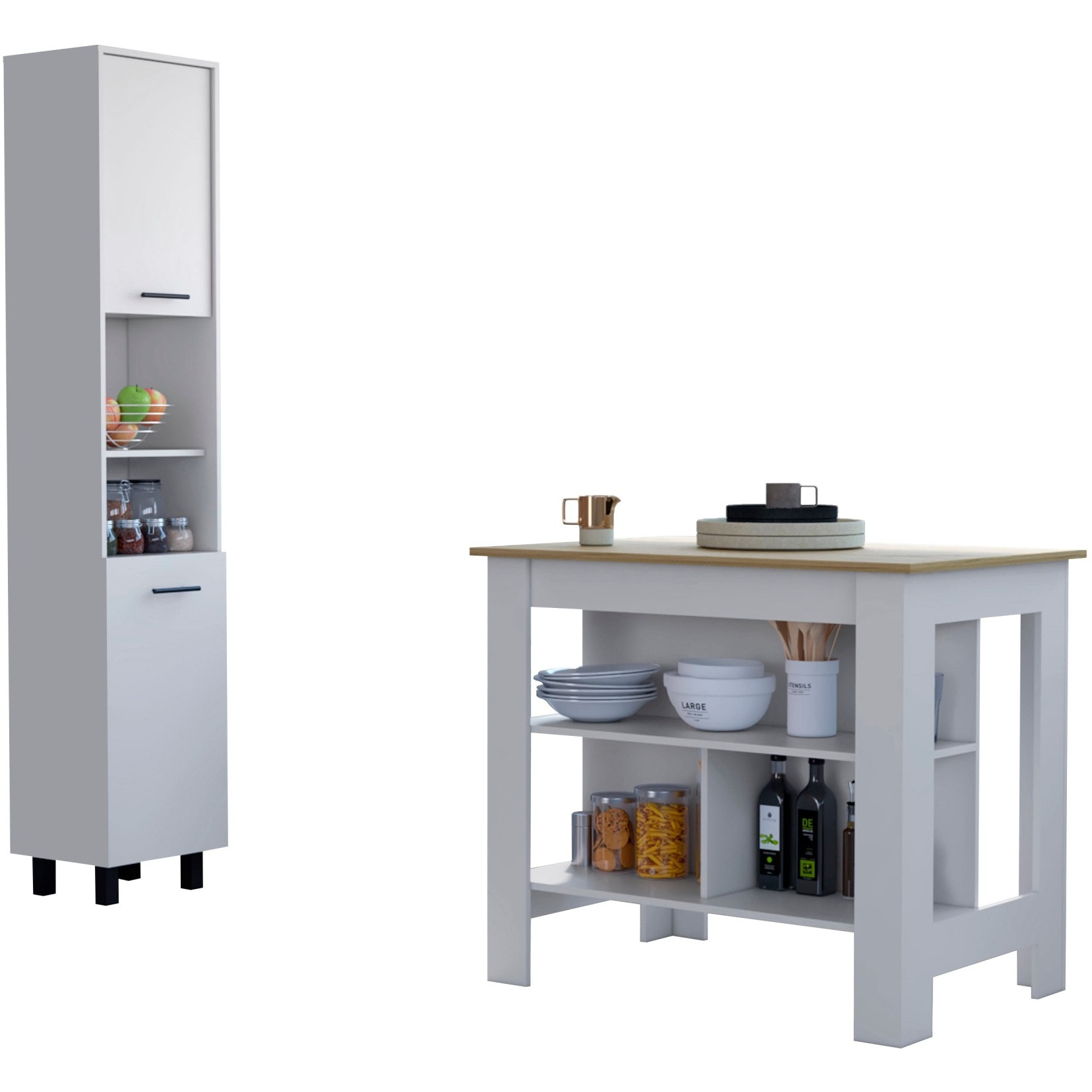 Houston 2 Piece Kitchen Set, Cala Kitchen Island + Hobart Kitchen Pantry, White /Light Oak