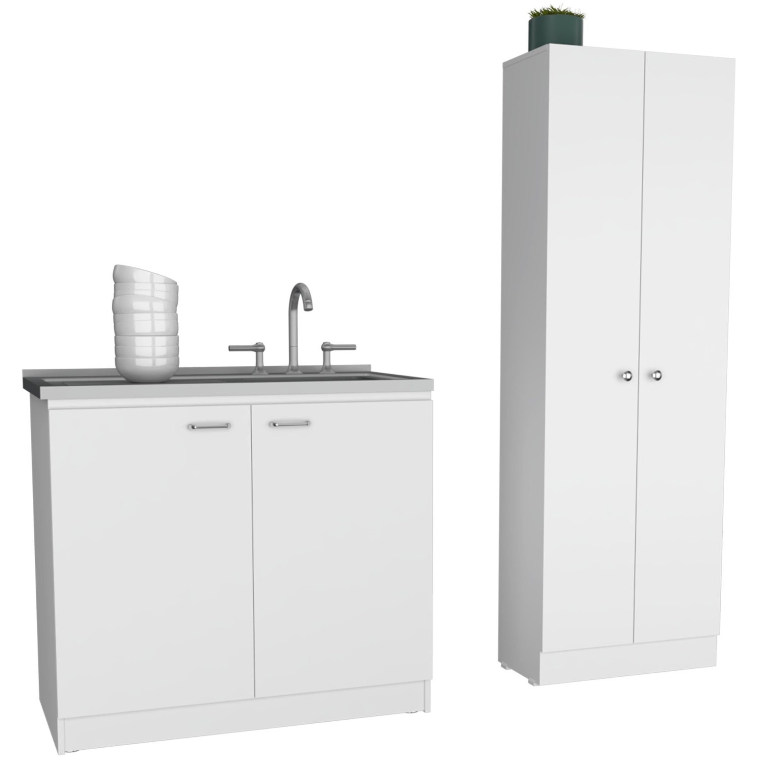 Belmont 2 Piece Kitchen Set, Napoles Utility Sink + Della 60 Pantry, White