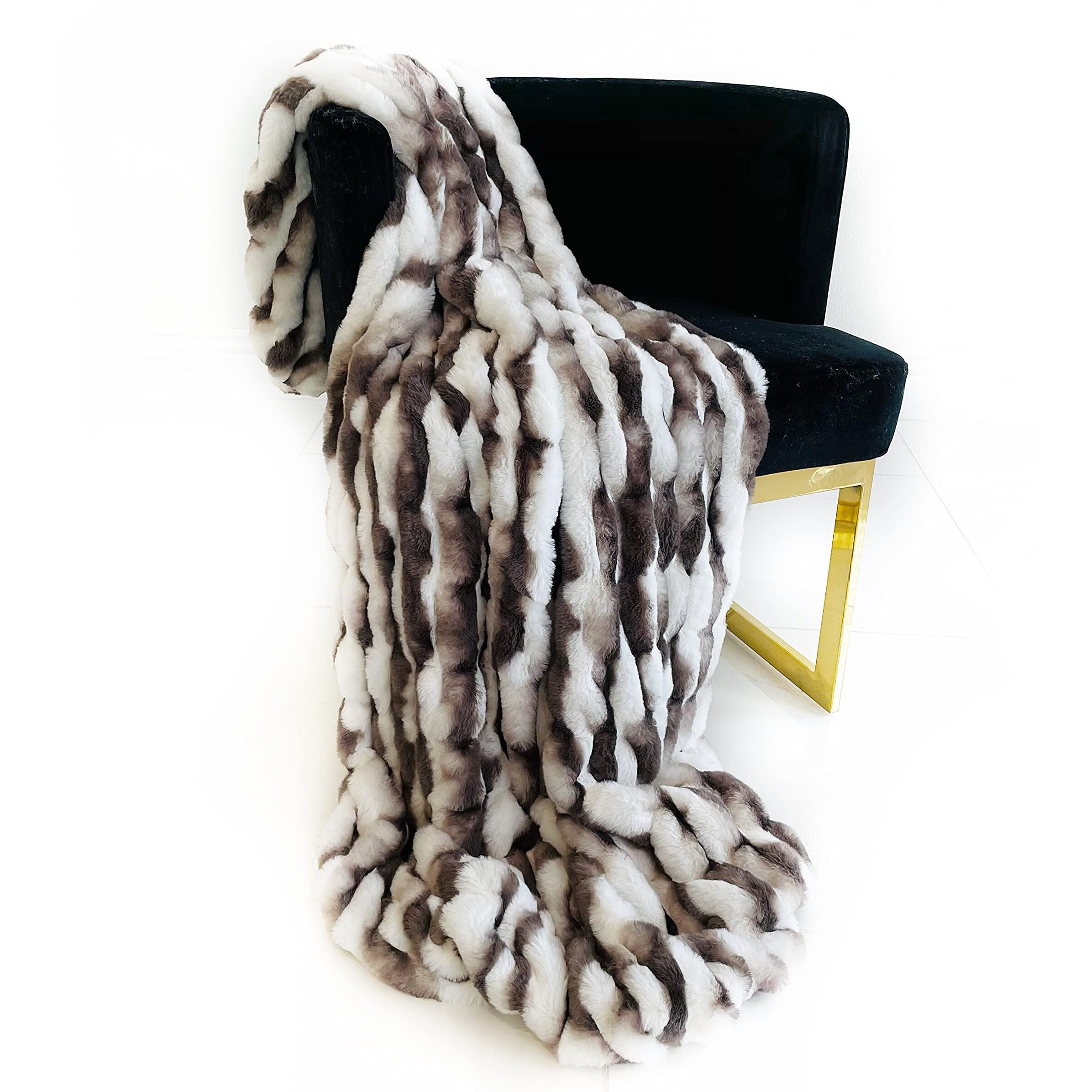 Plutus White Charcoal Snow Chinchilla Faux Fur Luxury Throw Blanket