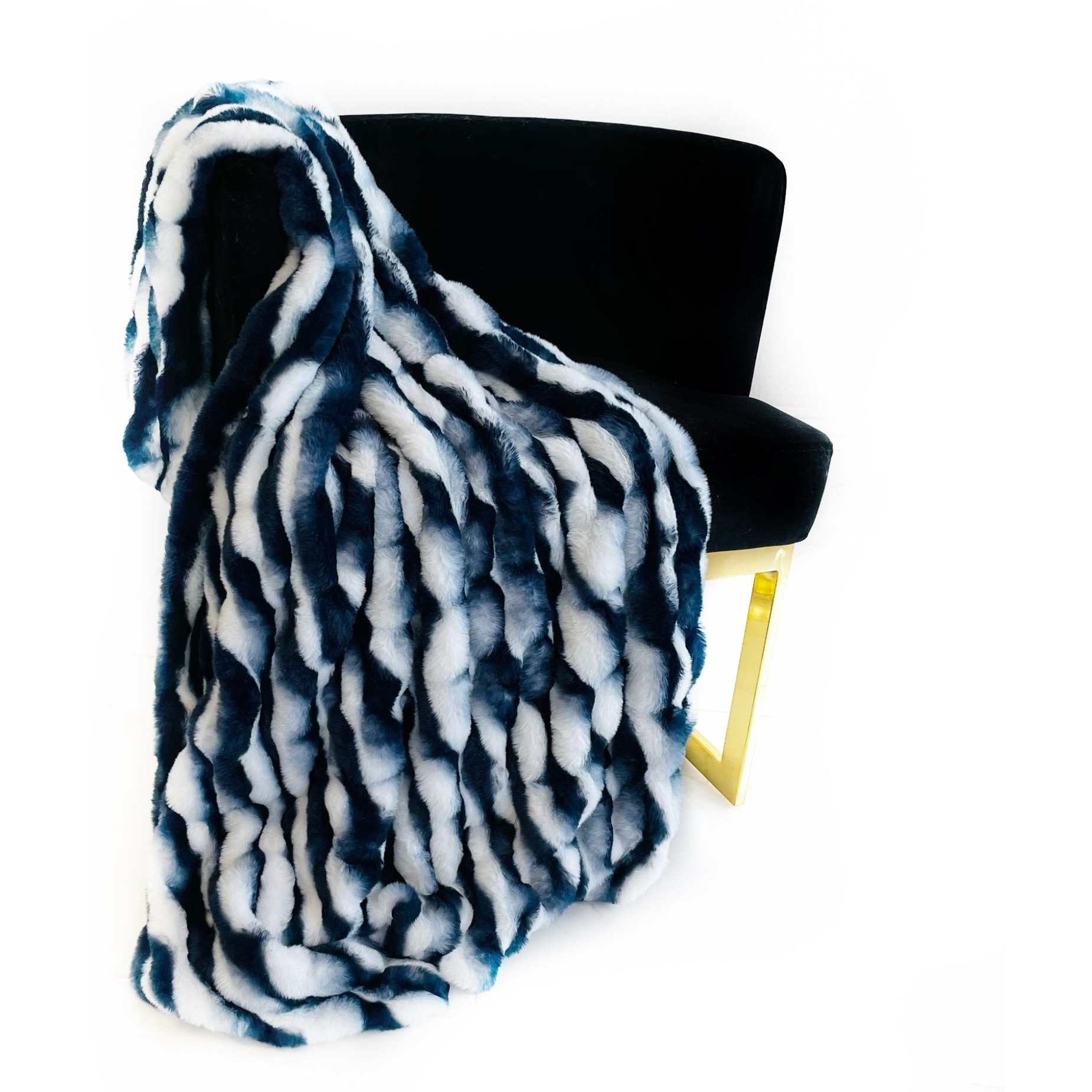 Plutus White Navy Snow Chinchilla Faux Fur Luxury Throw Blanket